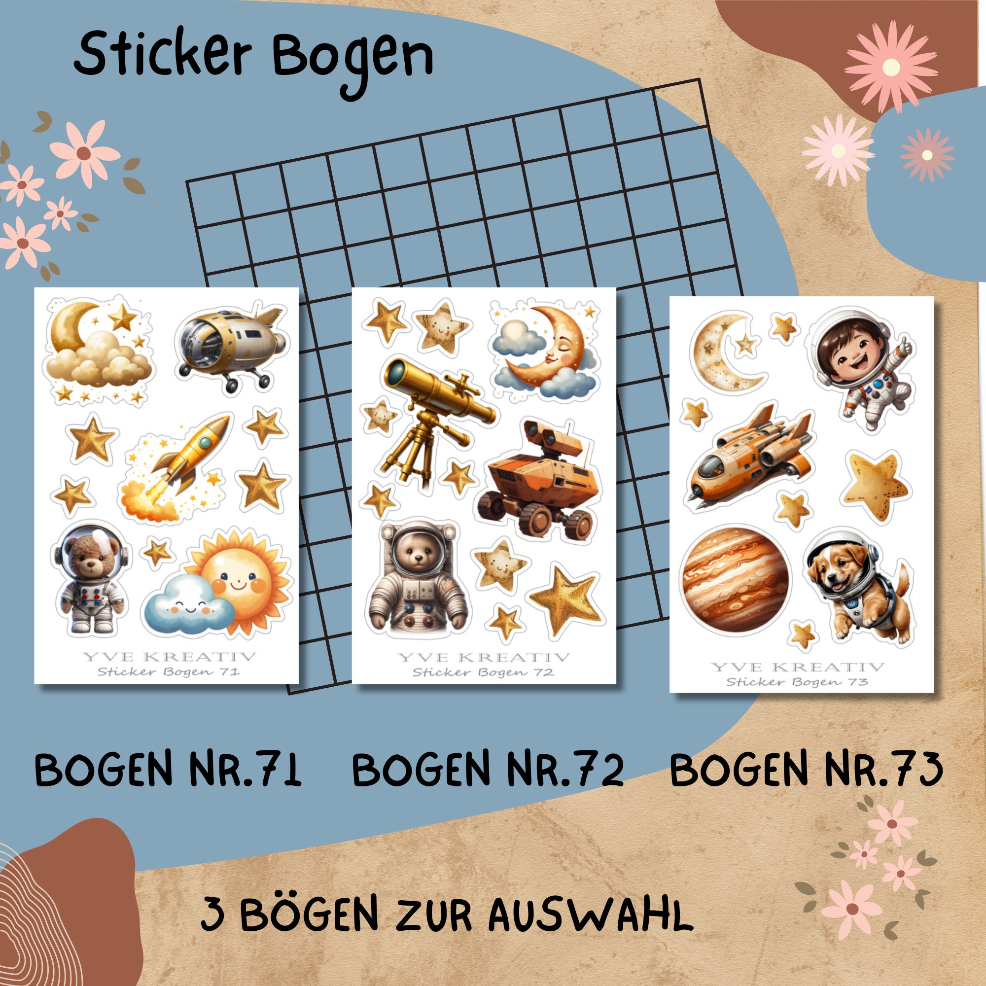 Stickerbogen, Aufkleber - Astronaut, Planeten, Raumfahrt | Sticker Set - 3 Bögen zur Auswahl in Weiß - Transparent - Matt - Glanz  #SBA6