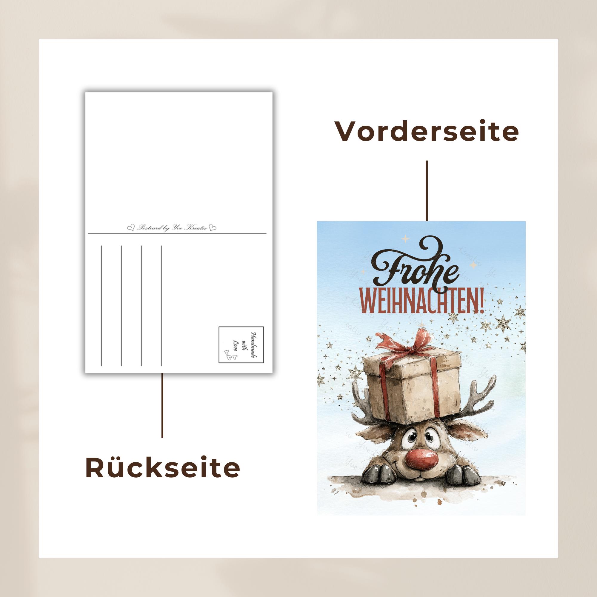 Postkarte Lustiges Rentier Grußkarte Karte zu Weihnachten Wintergrußkarte Weihnachtskarte Geschenkkarte Hochglanz Karte A6 #PWE201