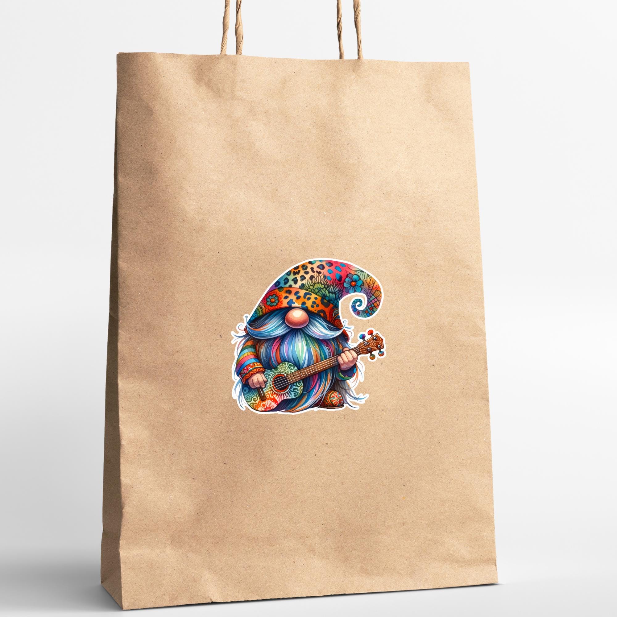 Kofferaufkleber, Geschenkaufkleber, Aufkleber Regenbogen Wichtel mit Gitarre, großer Sticker I zur Auswahl in Weiß oder Transparent  #SEG8