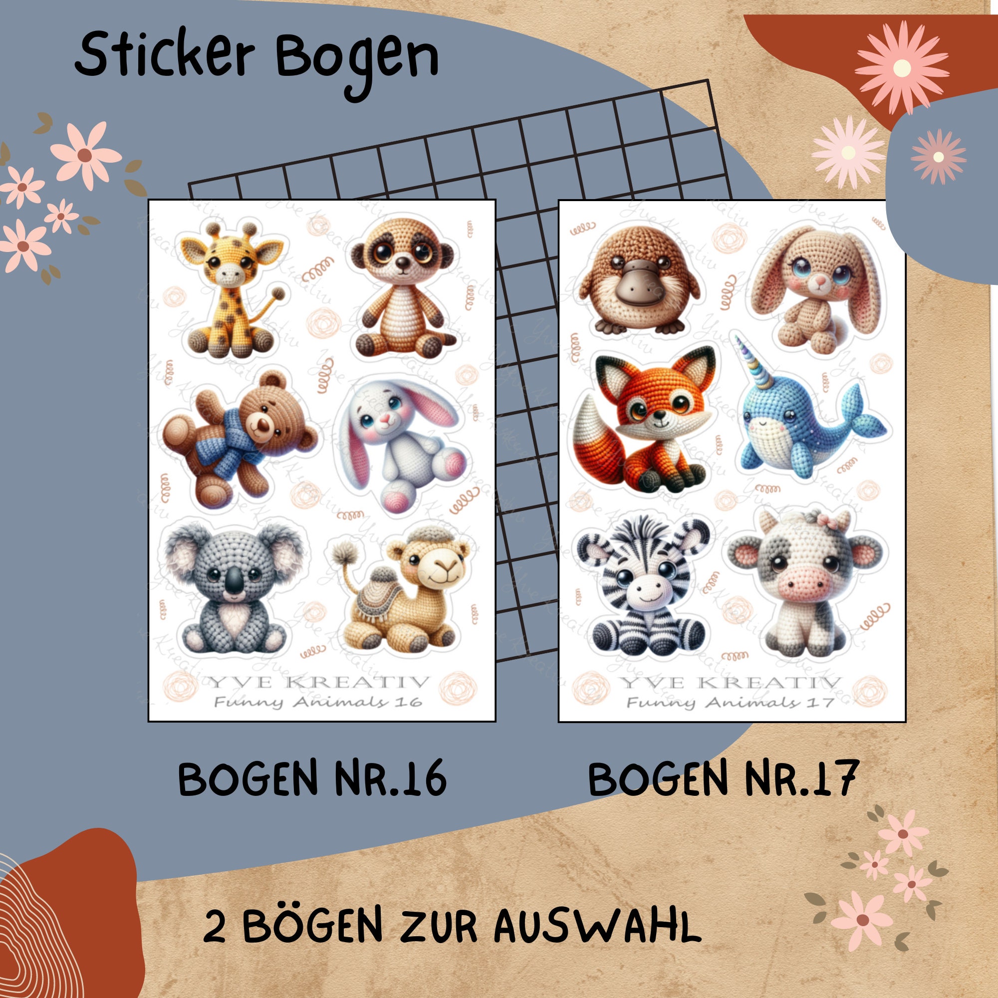 Aufkleber, Sticker Bogen, Häkeltiere, Funny Animals, Sticker Set - 2 Stickerbogen zur Auswahl in Weiß - Transparent - Matt - Glanz#SBA6