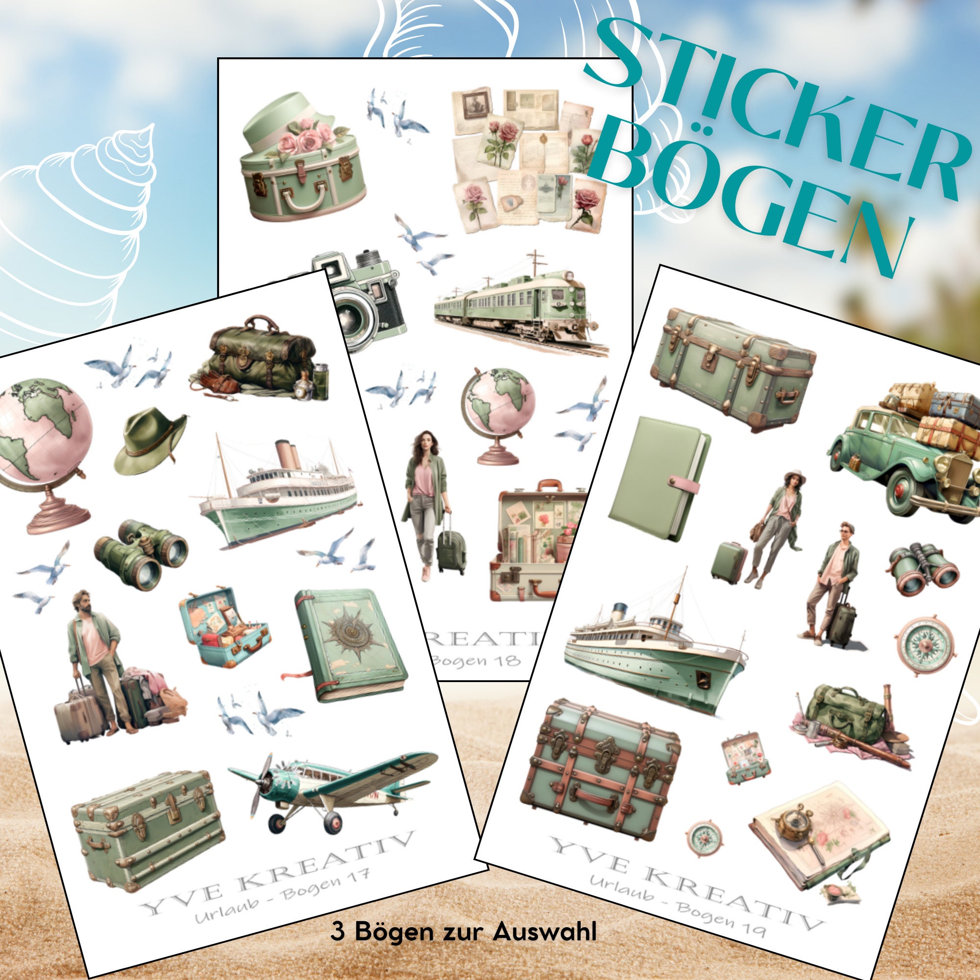 Sticker Bogen " Urlaub Reise Fernweh " | Sticker Set - Aufkleber 3 Stickerbogen zur Auswahl in Weiß - Transparent - Matt - Glanz  #SBA6