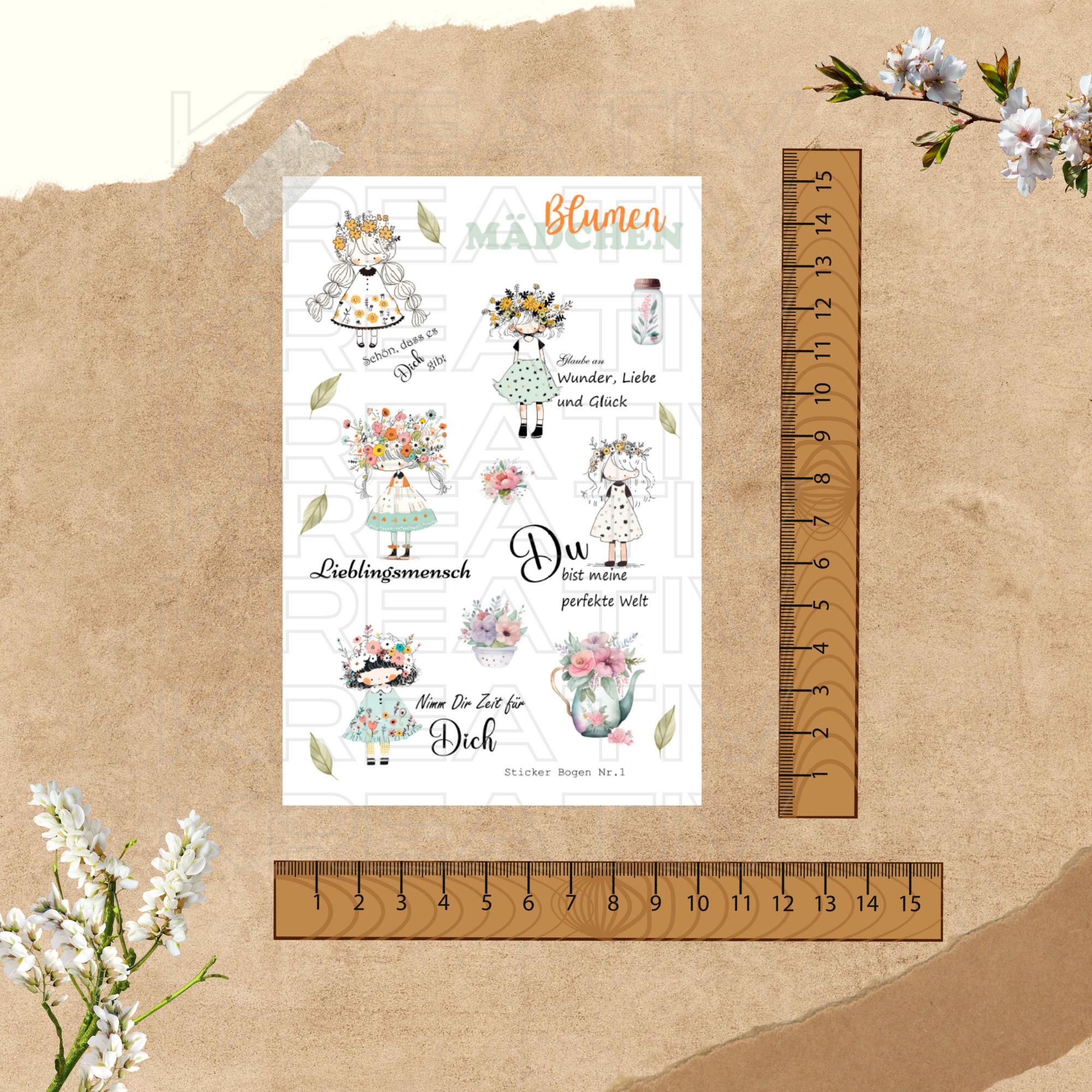 Sticker Bogen - Blumen Mädchen | Sticker Set - Journal Sticker - Aufkleber 3 Bögen zur Auswahl in Weiß oder Transparent