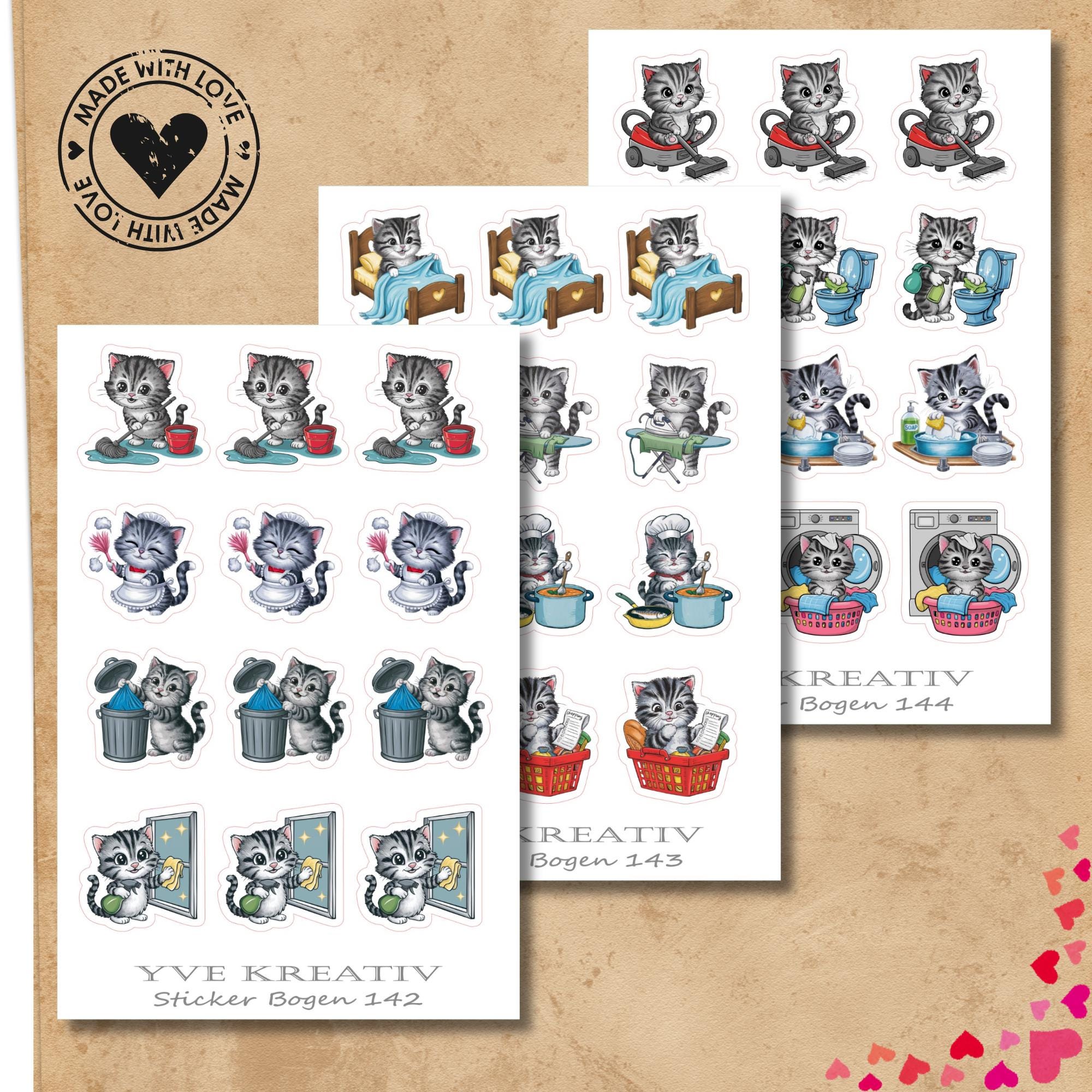 Aufkleber Katze, Hausarbeit, To Do Planeraufkleber Sticker Set - 3 Bögen zur Auswahl in Weiß - Transparent - Matt - Glanz  #SBA6