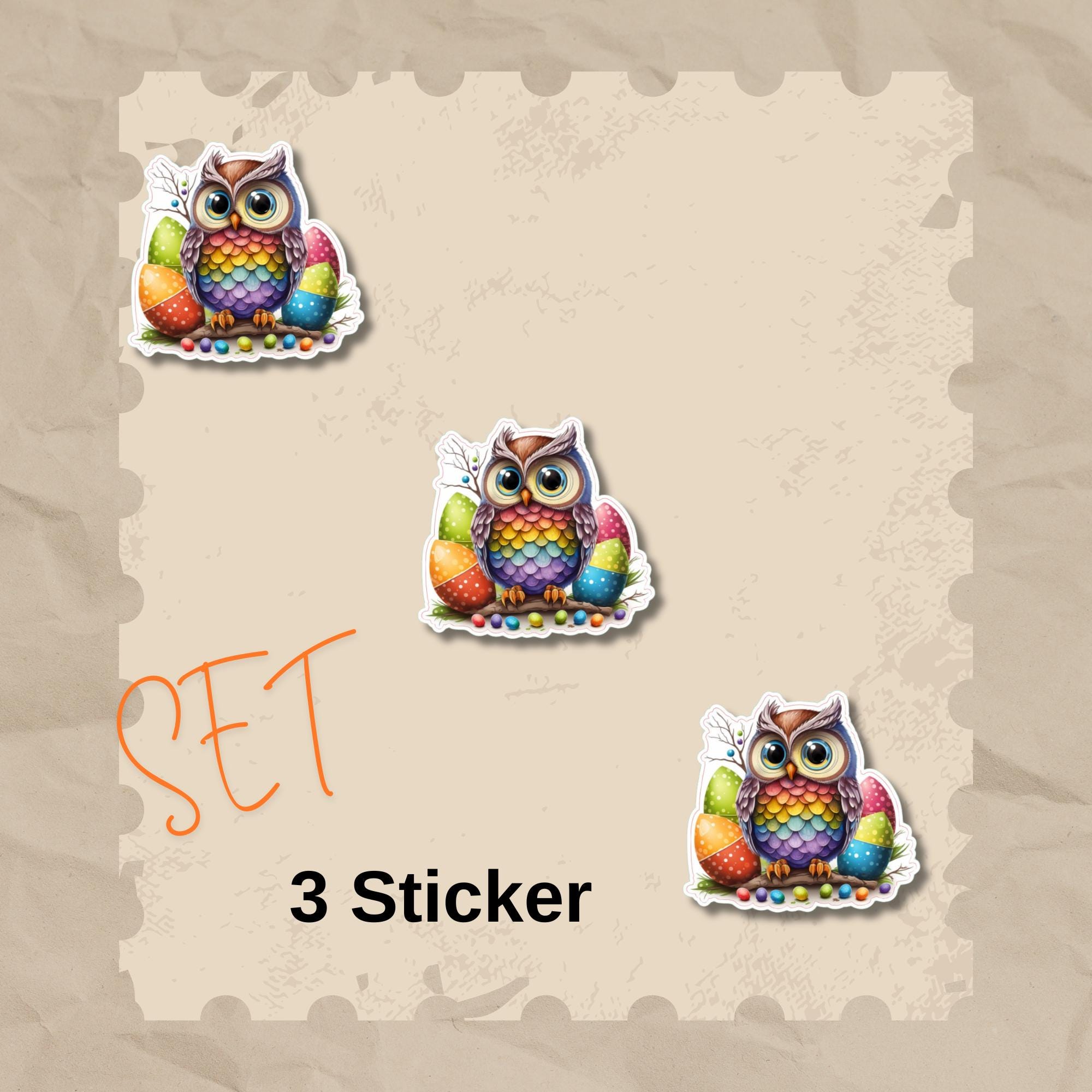 Aufkleber Ostern großer 8 cm Sticker Regenbogen Eule Deko Geschenkaufkleber - zur Auswahl in Weiß oder Transparent  #SEG8