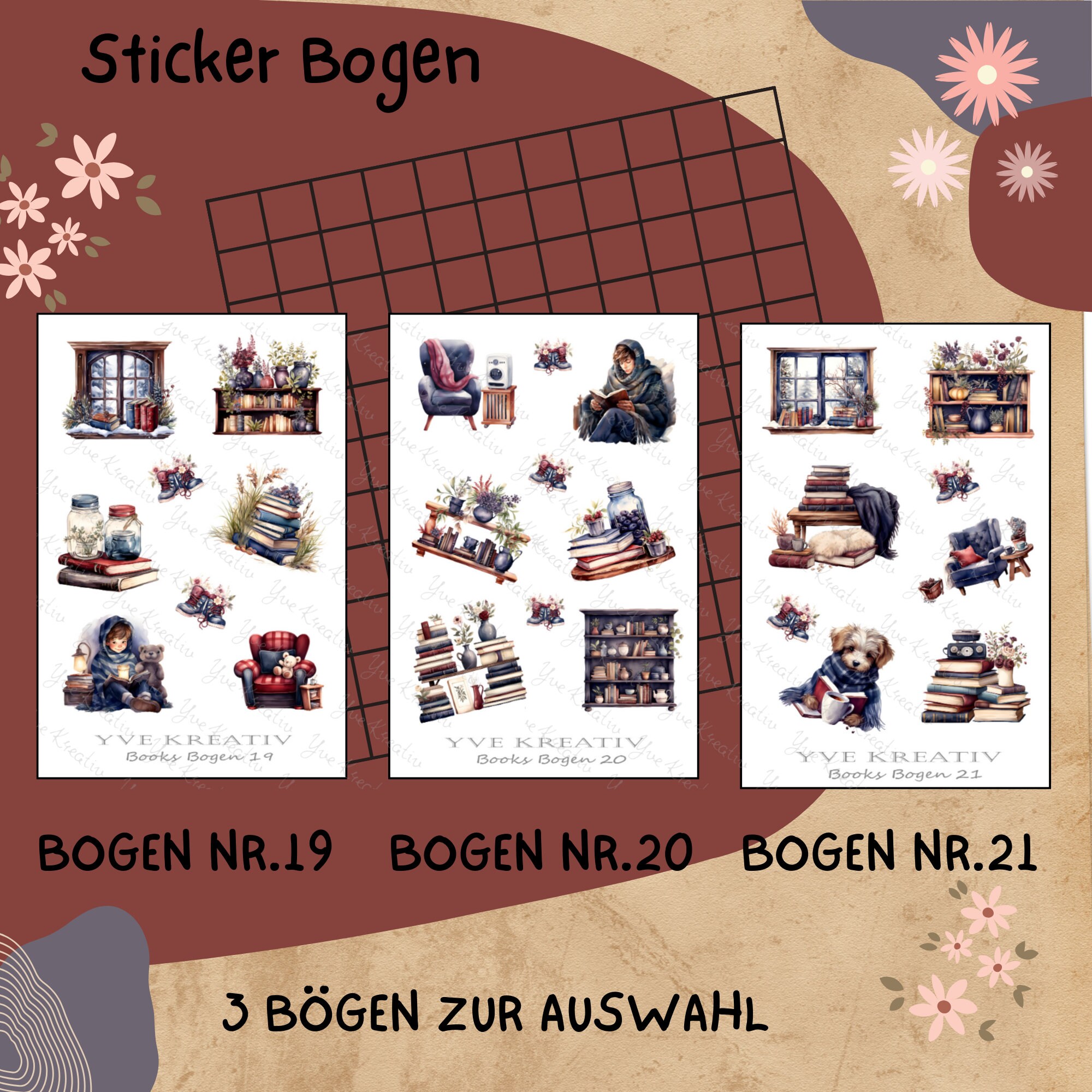 Stickerbogen " Bücher Lesen - Zeit für Dich " | Sticker Set - Aufkleber 3 Bögen zur Auswahl in Weiß - Transparent - Matt - Glanz  #SBA6