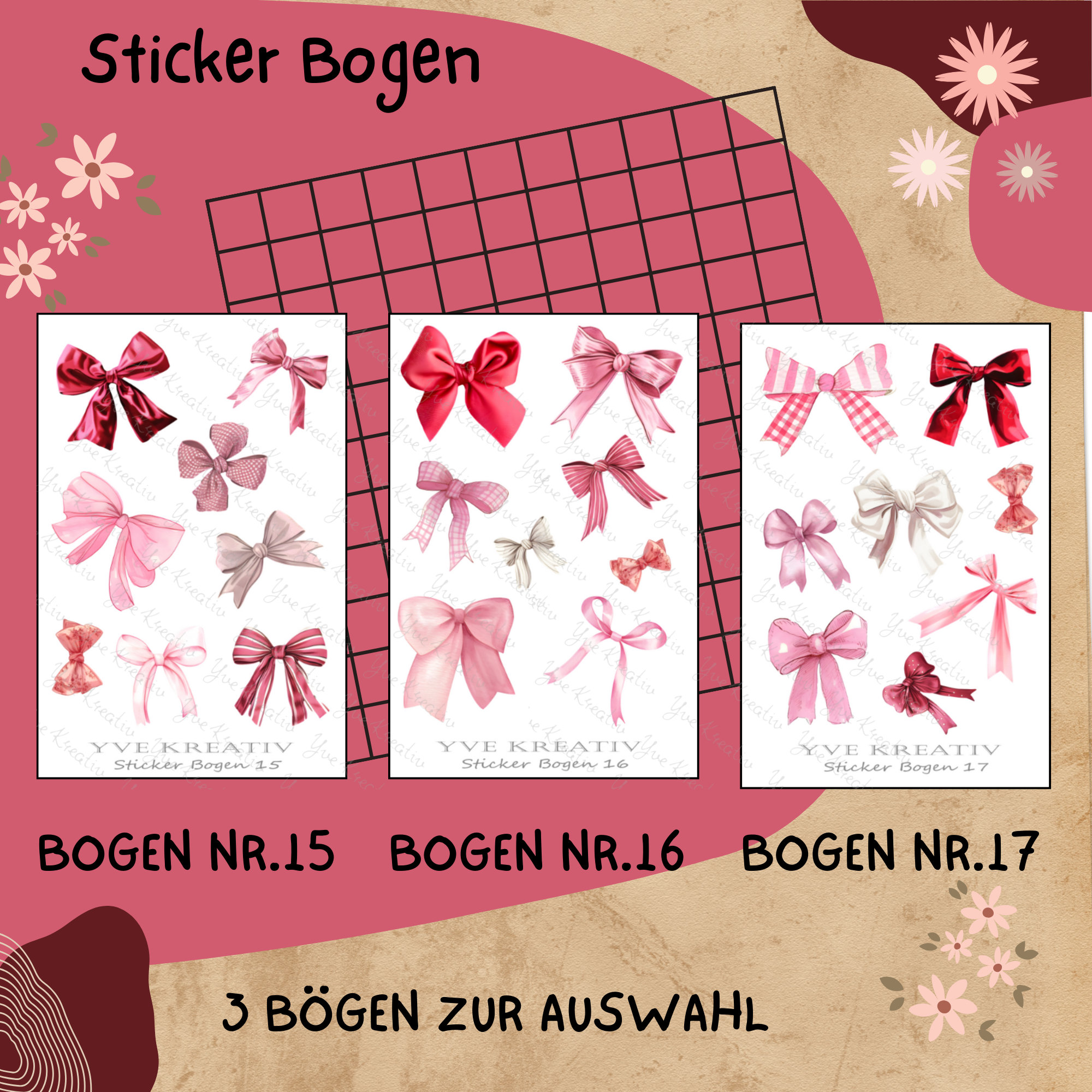 Sticker Schleifen rosa rot Aufkleber für Geschenkverpackung Set 3 Stickerbogen zur Auswahl in Weiß - Transparent - Matt - Glanz  #SBA6