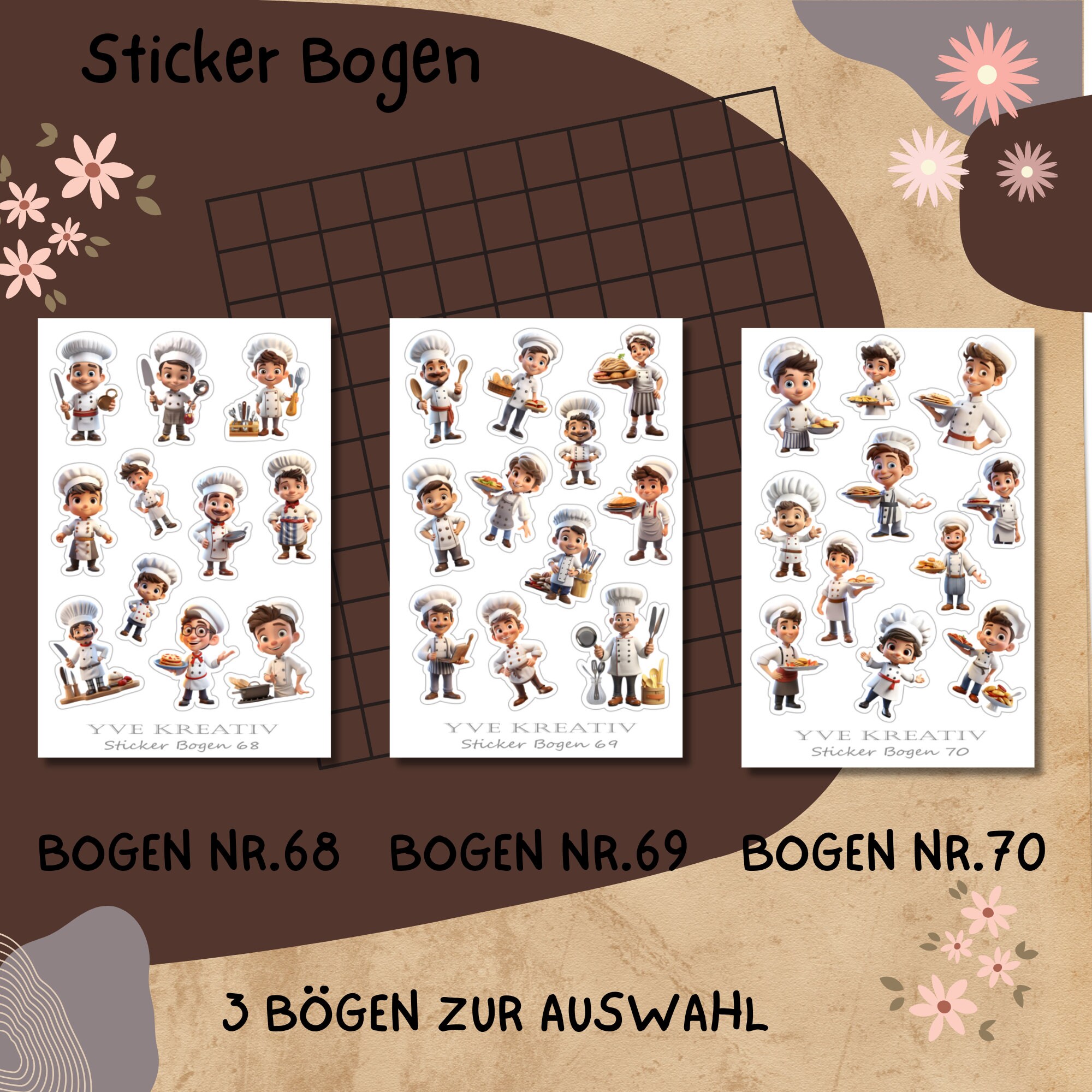 Sticker Bogen, Aufkleber, Beruf, Koch, Bäcker, Sticker Set 3 Stickerbogen zur Auswahl in Weiß - Transparent - Matt - Glanz  #SBA6