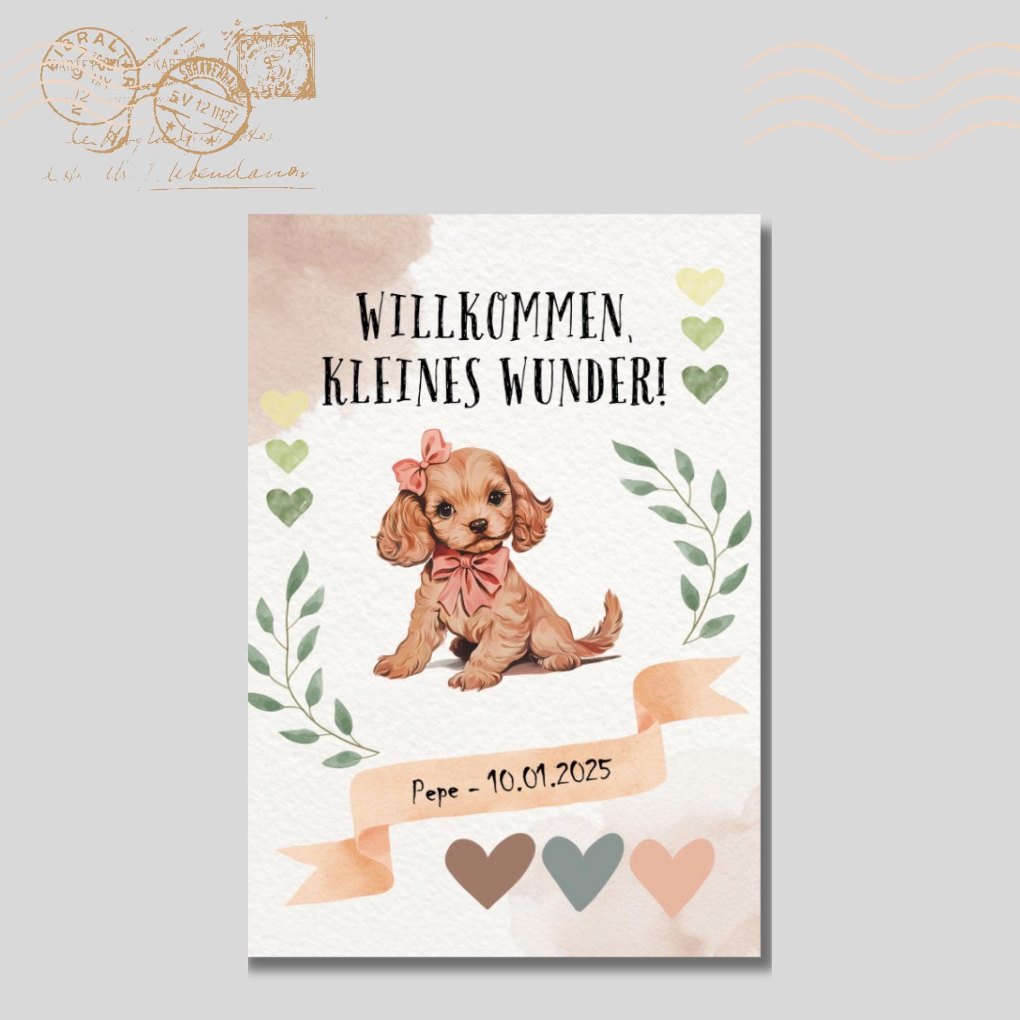 Postkarte zur Geburt personalisierbar, Karte mit Hund, Grußkarte Willkommen kleines Wunder in DIN A6 auf Papier mit Leinenstruktur #PLS