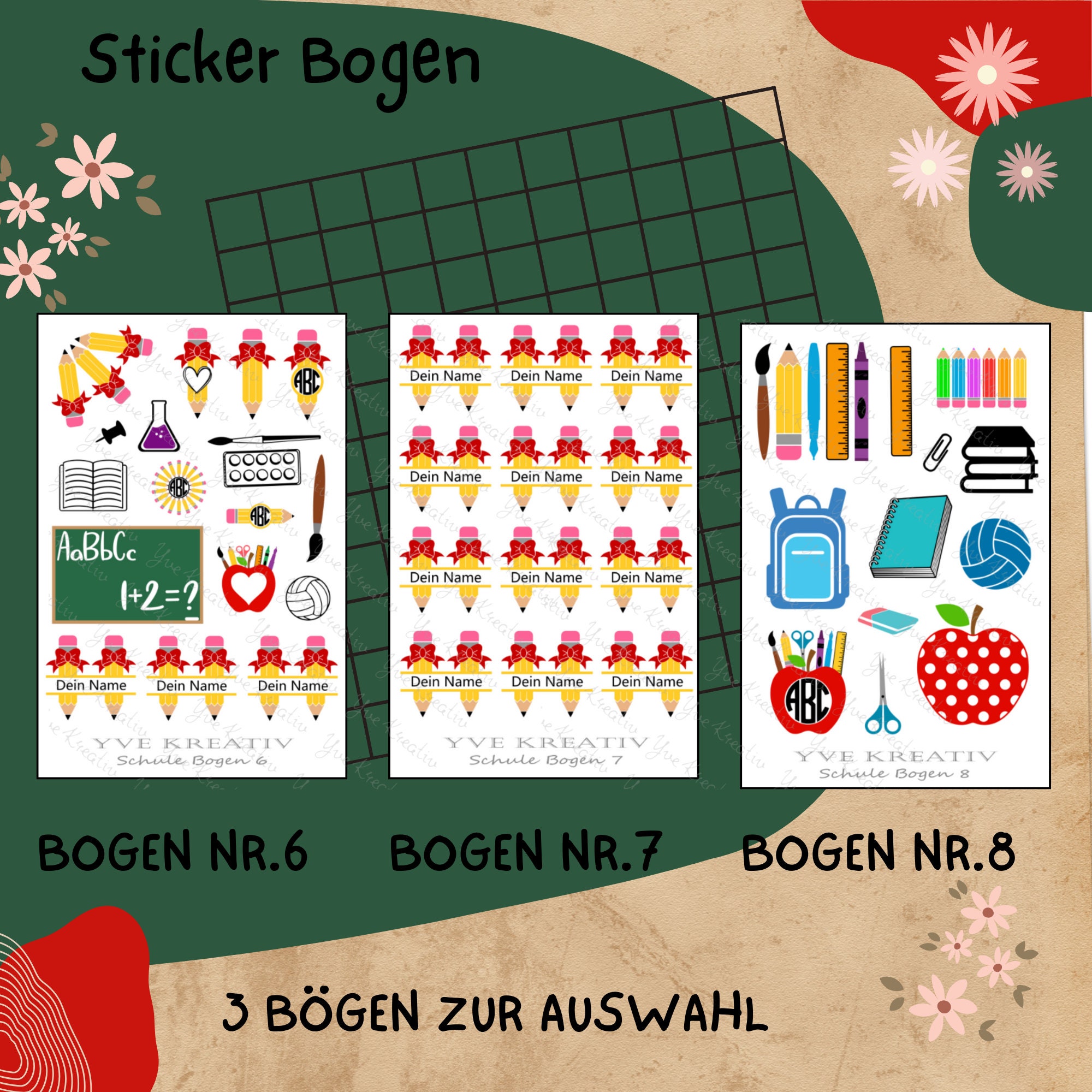 Stickerbogen " Schule Einschulung " personalisierbar | Set - Aufkleber 3 Bögen zur Auswahl in Weiß - Transparent - Matt - Glanz  #SBA6