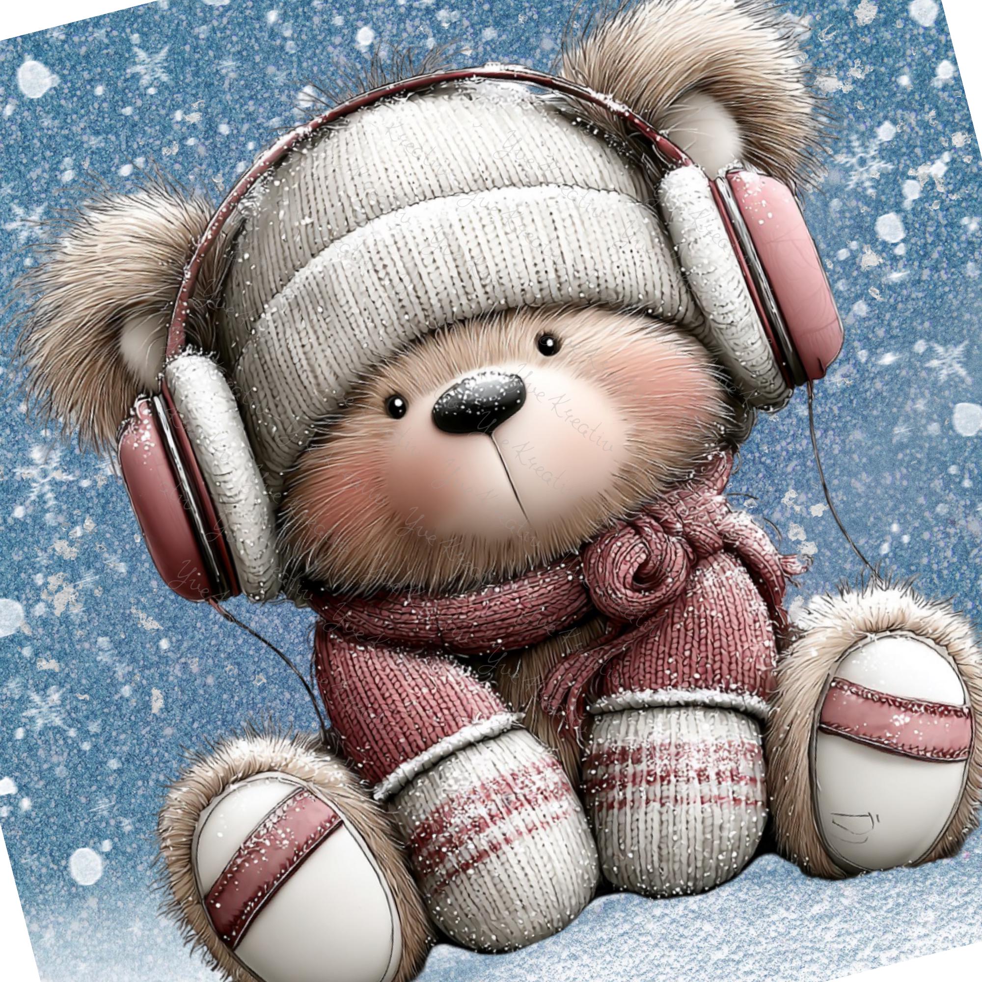 Brillenputztuch Musik Kopfhörer Teddybär bedrucktes Mikrofasertuch für Brille Display Handy Sonnenbrille Größe 15x15 cm oder 20x20 cm #MC20