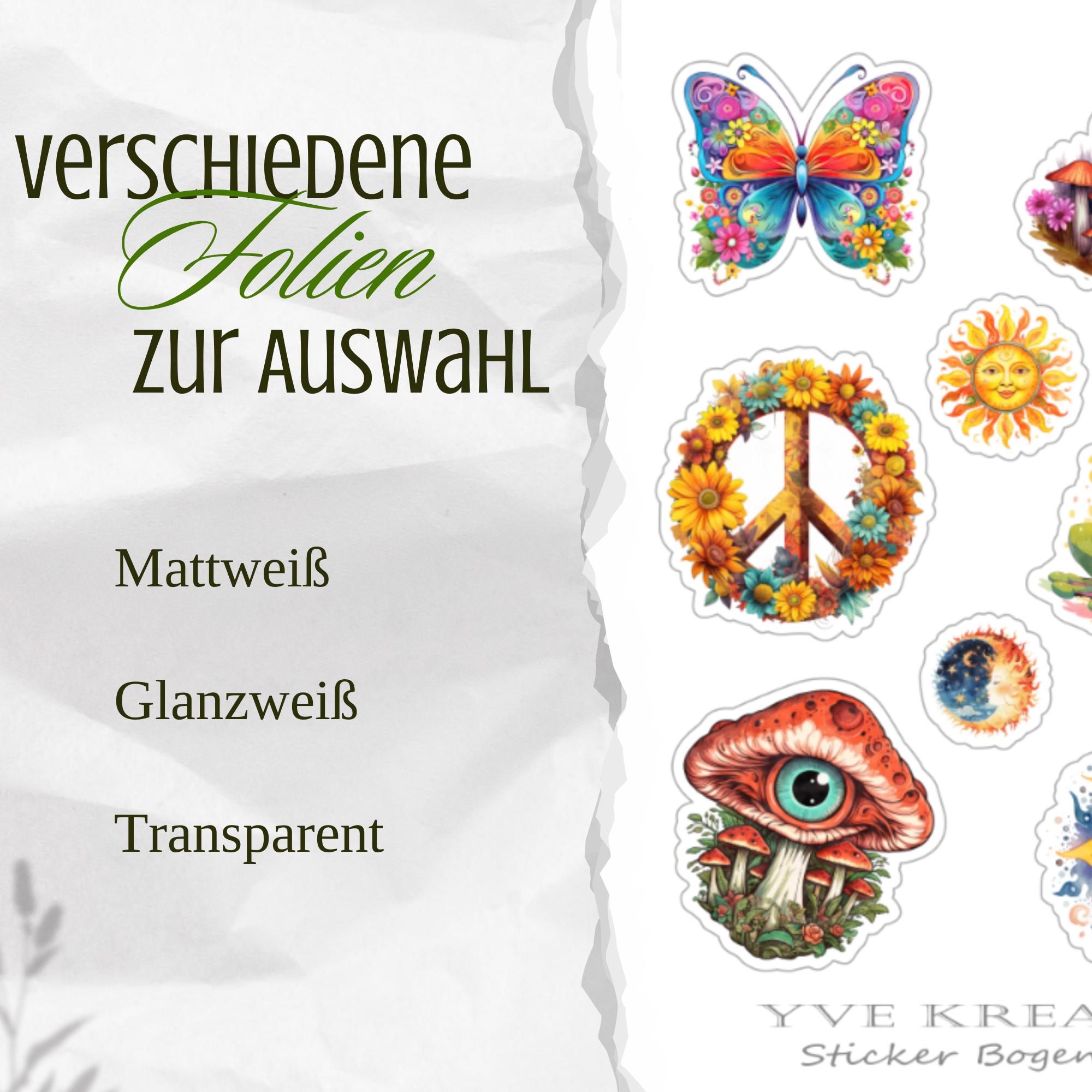 Aufkleber Peace Love Hippie Sticker Bogen Set - 3 Stickerbogen zur Auswahl in Weiß - Transparent - Matt - Glanz #SBA6 Aufkleber Peace Love Hippie Sticker Bogen Set - 3 Stickerbogen zur Auswahl in Weiß - Transparent - Matt - Glanz #SBA6