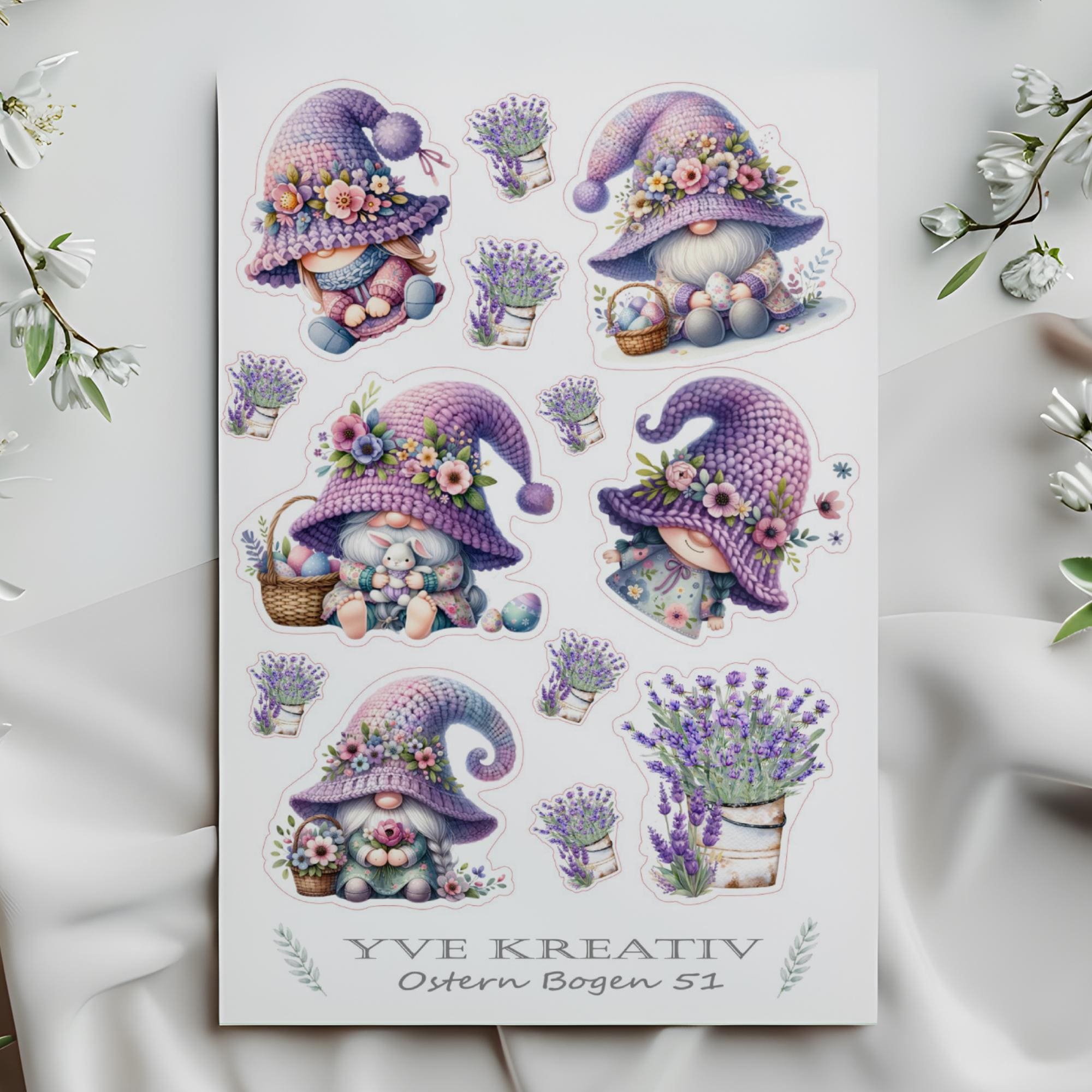 Stickerbogen Aufkleber "Lavendel Ostern Wichtel" | Sticker Set - Sticker Bogen zur Auswahl in Weiß - Transparent - Matt - Glanz  #SBA6