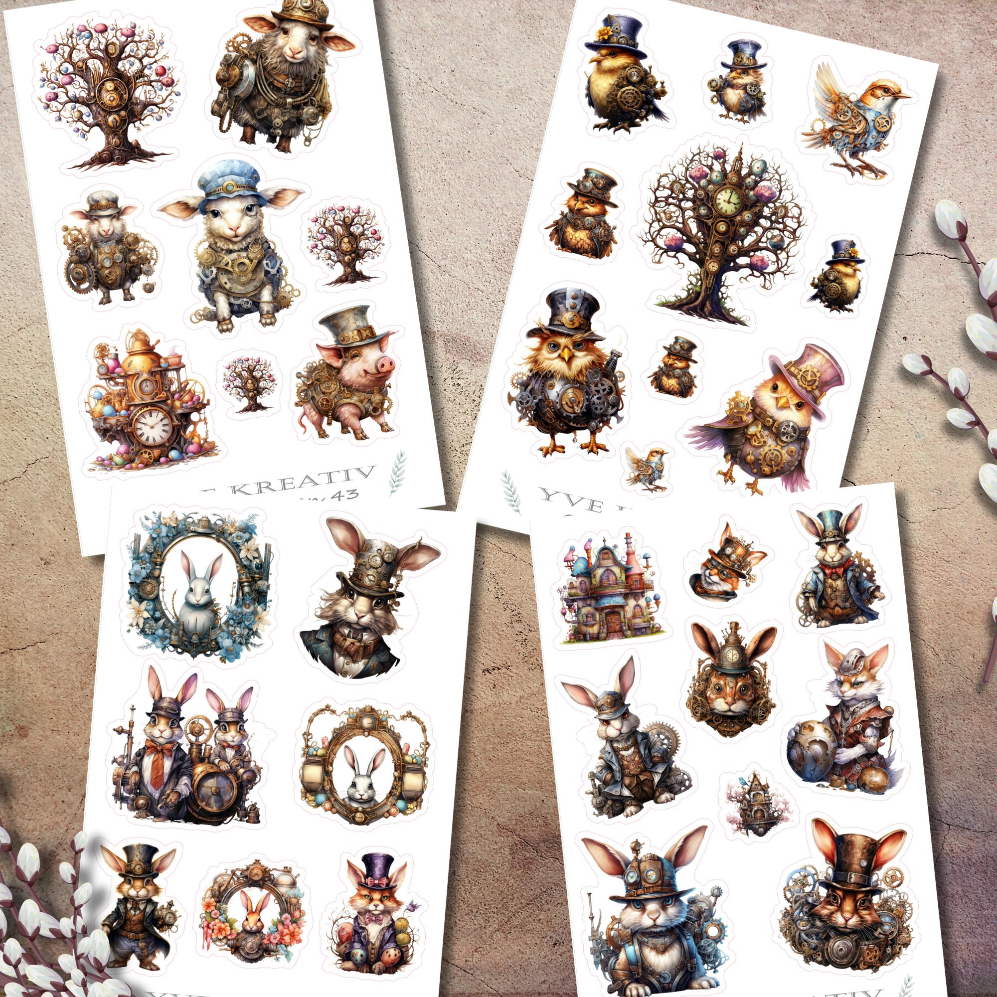 Sticker Bogen Aufkleber  "Ostern Steampunk" | Sticker Set - 4 Stickerbogen zur Auswahl in Weiß - Transparent - Matt - Glanz  #SBA6