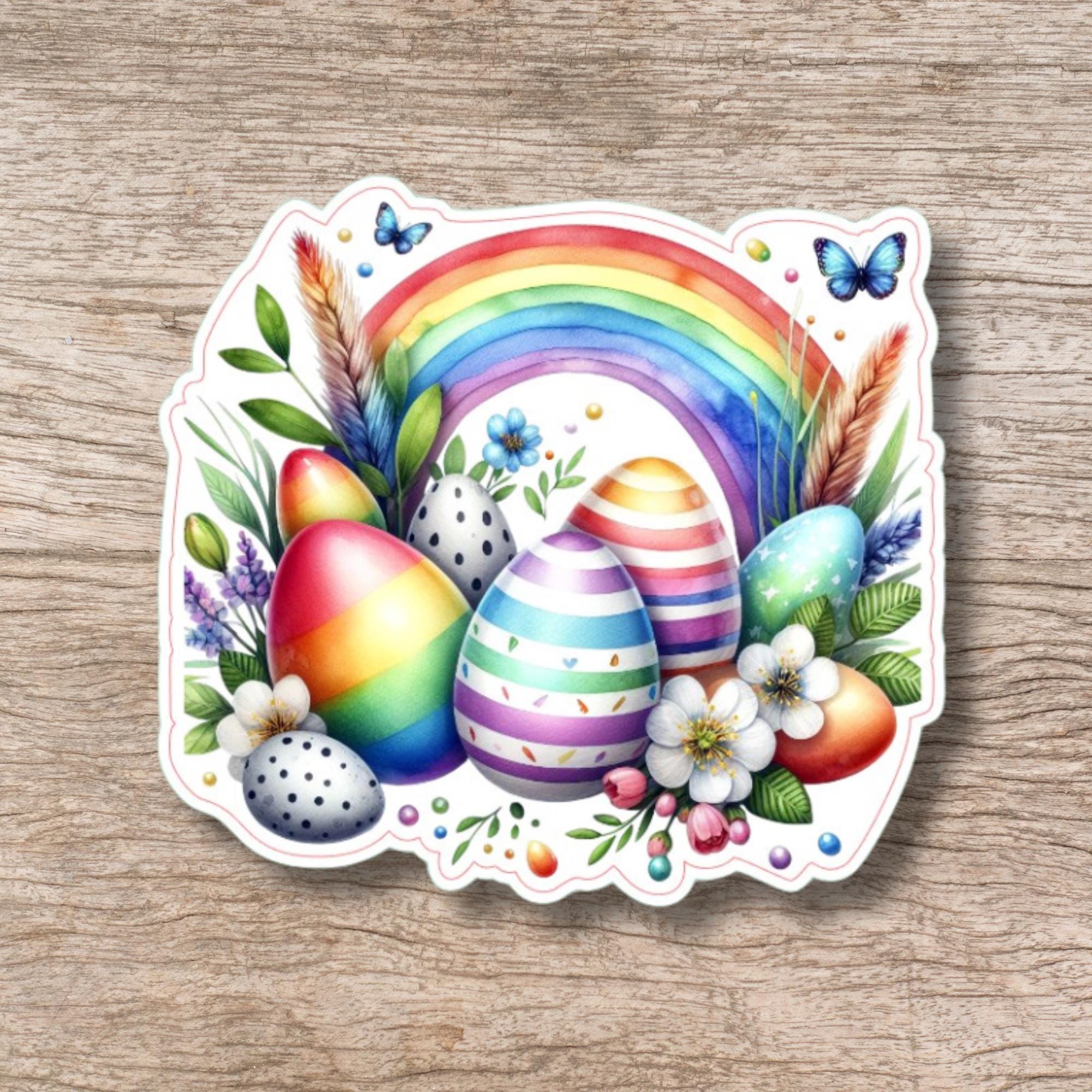 Aufkleber Ostern großer 8 cm Sticker Regenbogen Osternest Deko Osterfest Geschenkaufkleber - zur Auswahl in Weiß oder Transparent  #SEG8