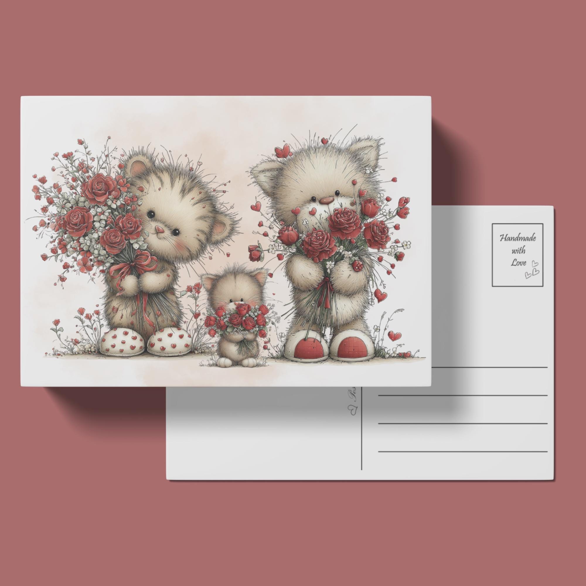 Postkarte zum Geburtstag oder Valentinstag Grußkarte für Katzenliebhaber niedliche Karte für liebe Grüße Katzen mit Rosenstrauß #PT5