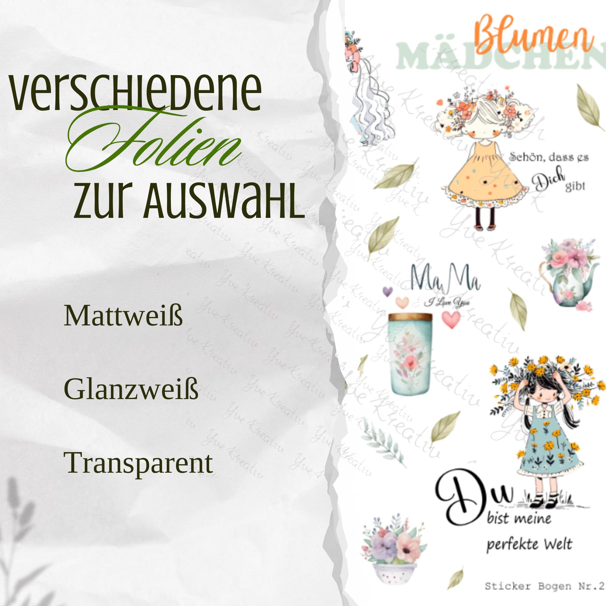 Aufkleber Blumenmädchen Sticker Bogen Blumen Stickerbogen Motivation 3 Bögen zur Auswahl in Weiß - Transparent - Matt - Glanz #SBA6