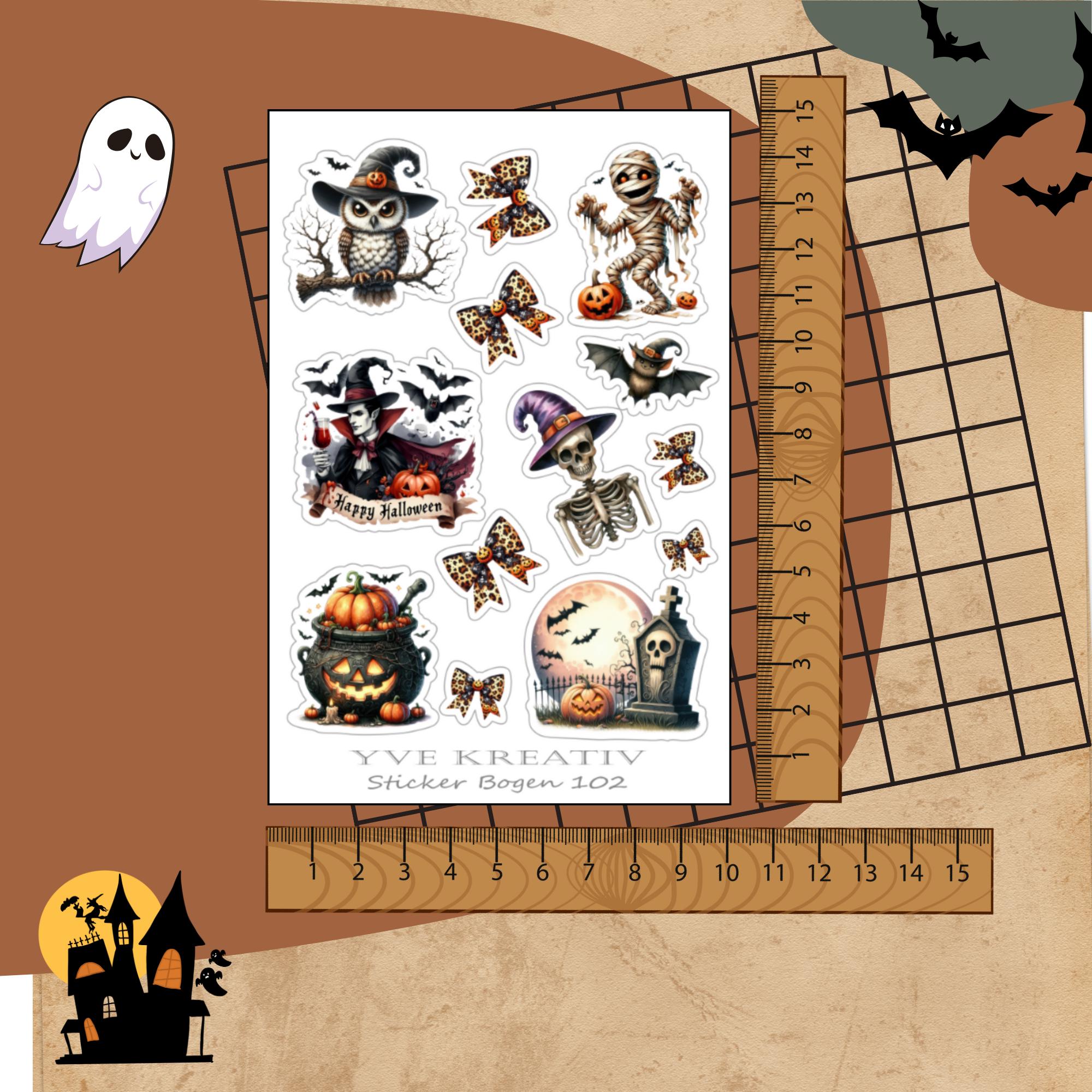 Halloween Sticker Bogen, Grusel Aufkleber, Kürbis und Vampire Set, 3 Stickerbogen zur Auswahl in Weiß - Transparent - Matt - Glanz  #SBA6