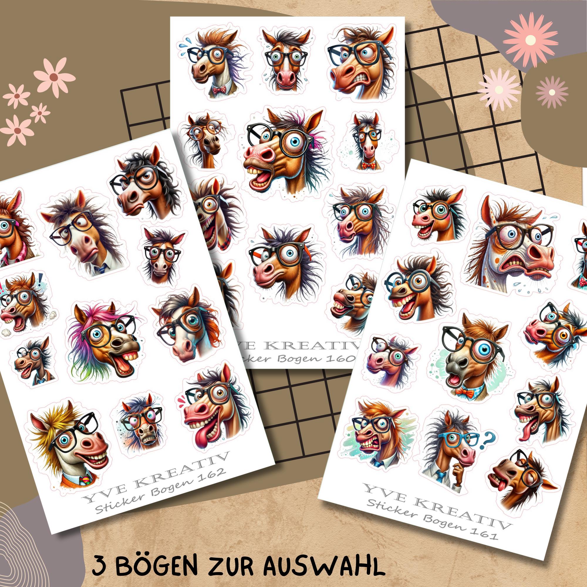 Aufkleber, Sticker Bogen, Lustige Pferde, Funny Animal | Sticker Set - 3 Stickerbogen zur Auswahl in Weiß - Transparent - Matt - Glanz #SBA6