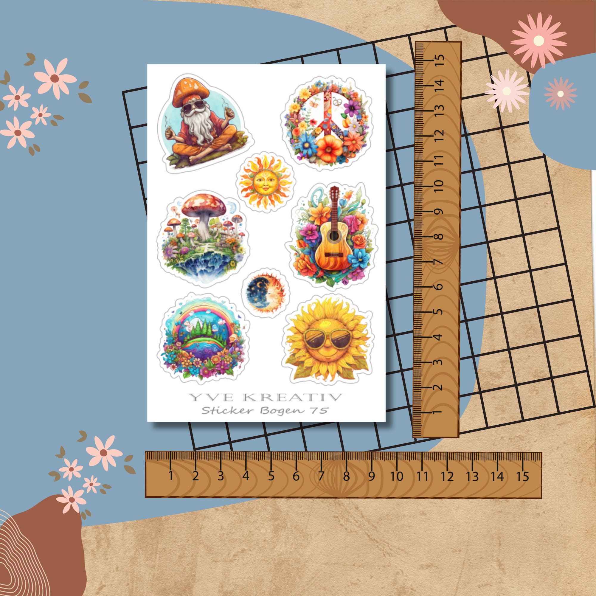 Sticker Bogen, Aufkleber - Peace, Love, Hippie | Sticker Set - 3 Stickerbogen zur Auswahl in Weiß - Transparent - Matt - Glanz  #SBA6