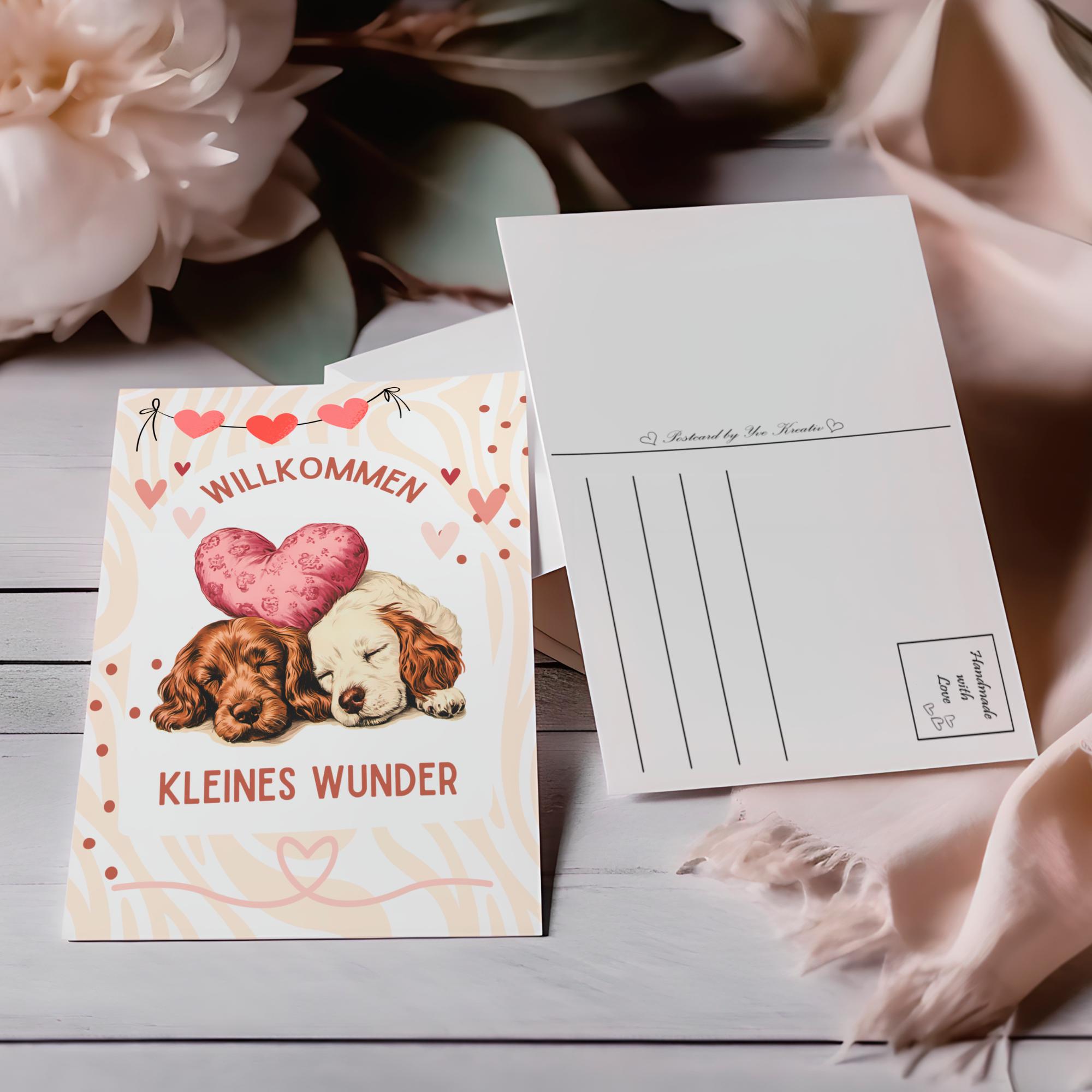 Postkarte zur Geburt, Grußkarte, Karte mit Hundewelpen, Grußkarte Willkommen kleines Wunder in DIN A6 auf Papier mit Leinenstruktur #PLS
