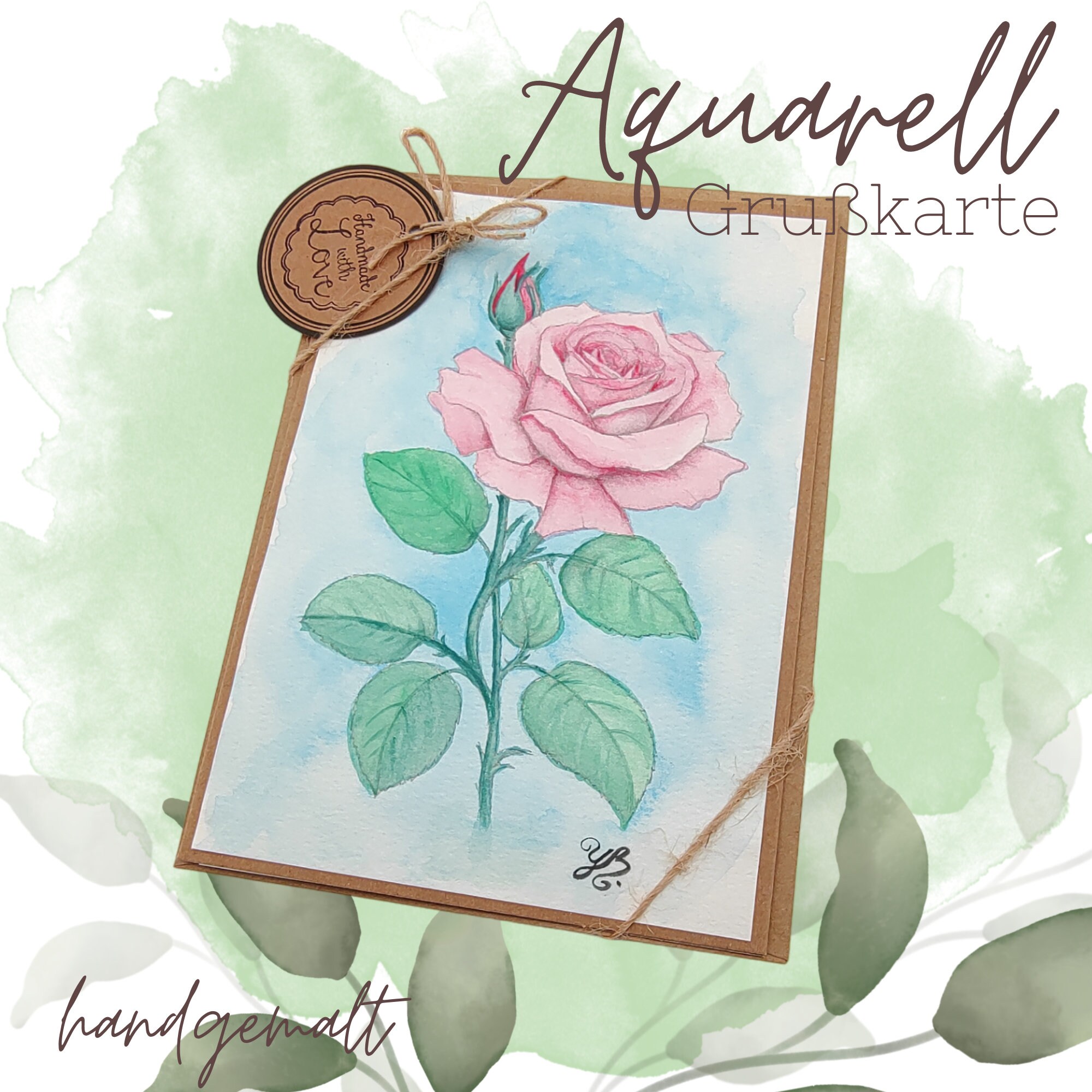 Grußkarte Glückwunschkarte mit Aquarell handbemalt " Rose Blume " für Geldgeschenke Gutscheine