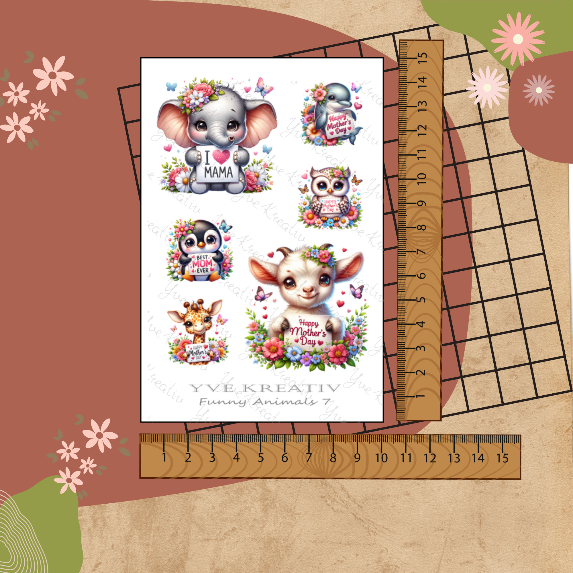 Sticker Bogen "Niedliche Tiere zum Muttertag" | Sticker Set - Aufkleber Stickerbogen zur Auswahl in Weiß - Transparent - Matt - Glanz #SBA6