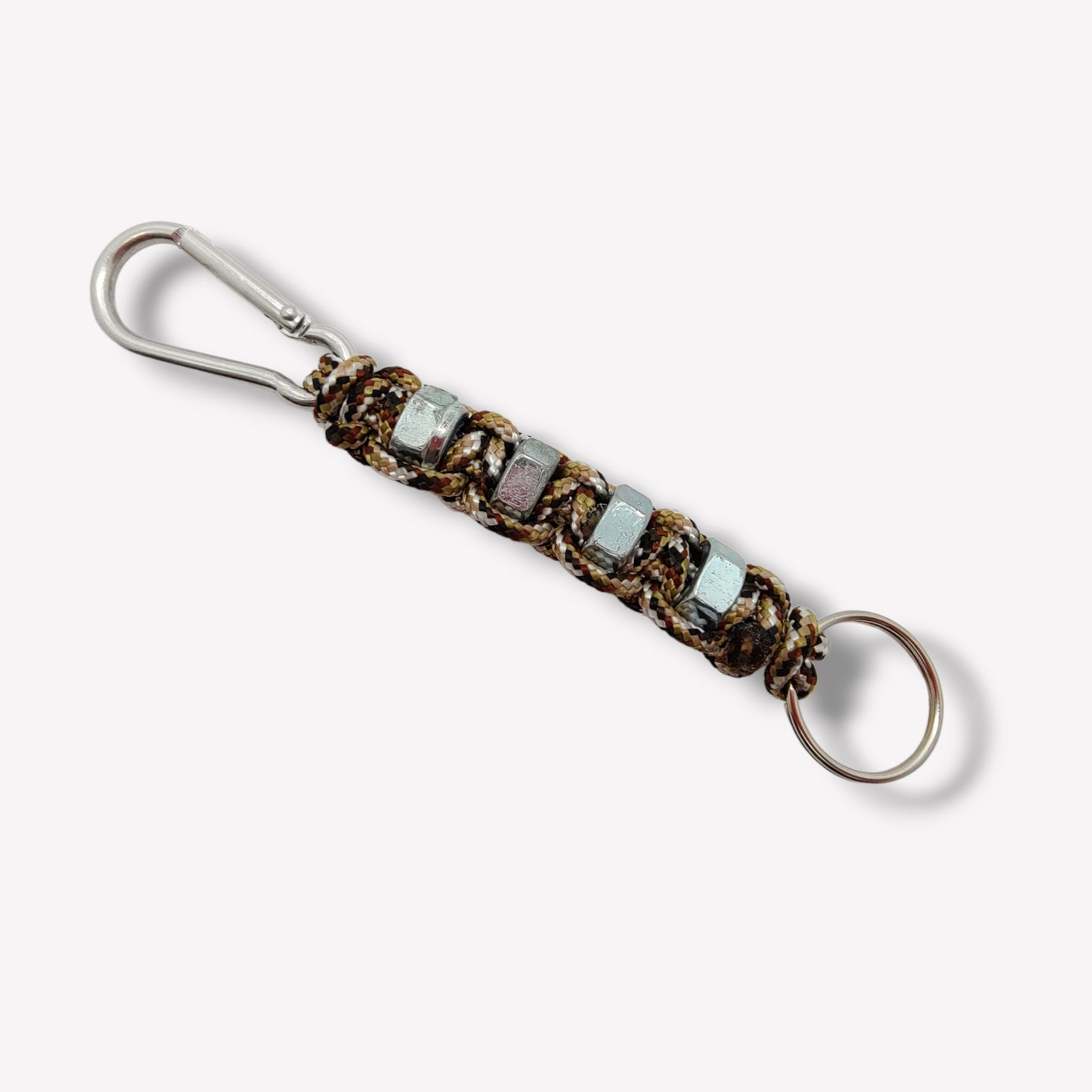 Schlüsselanhänger mit Schraubenmuttern handgeknotet aus Paracord mit Karabiner + Schlüsselring / Schwarz- Beige