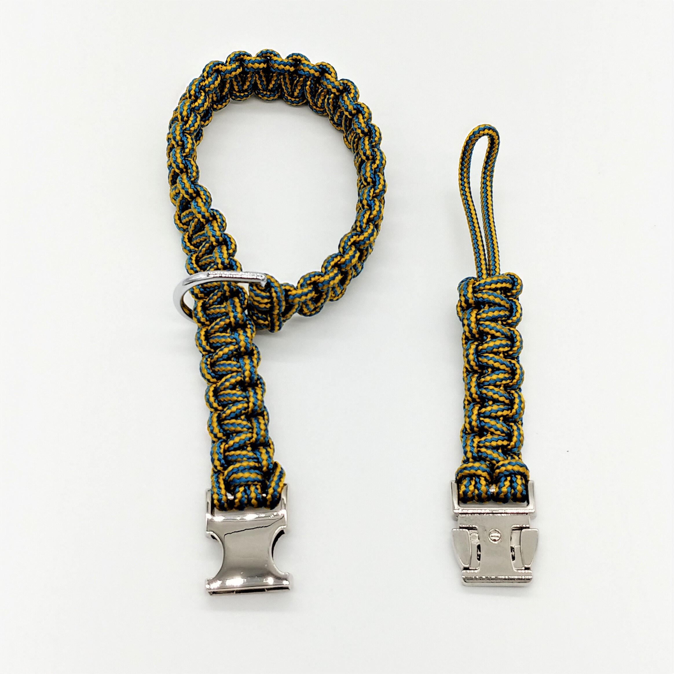 Kamera-Handschlaufe / Kameragurt / Kameraschlaufe geknotet aus Parachute Cord (Fallschirmschnur) mit Klick-Schnellverschluß / Farbe BlauGelb