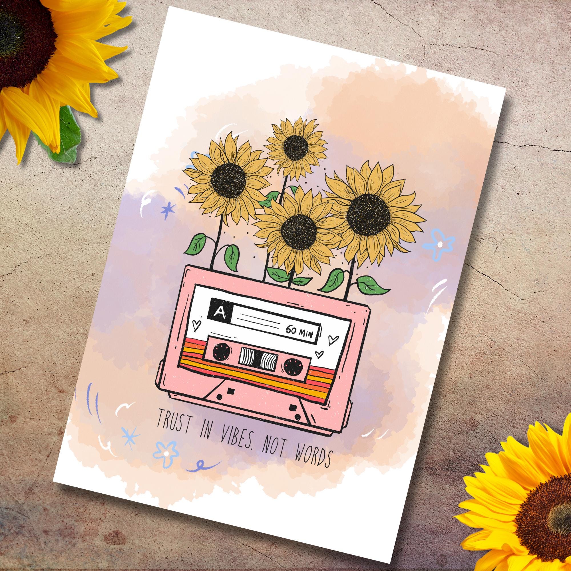 Postkarte, Grußkarte, Karte zum Geburtstag, Motivation, Aufmunterung I Retro MC Sonnenblumen #PLS