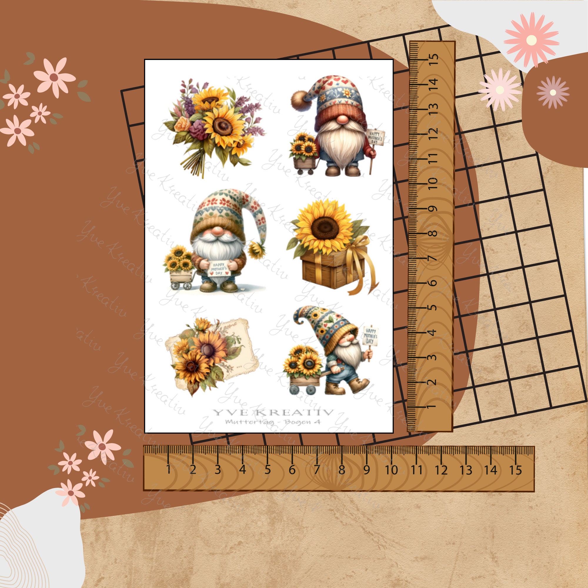 Sticker Aufkleber "Muttertag Sonnenblumen Wichtel" | Sticker Set - 3 Stickerbogen zur Auswahl in Weiß - Transparent - Matt - Glanz #SBA6