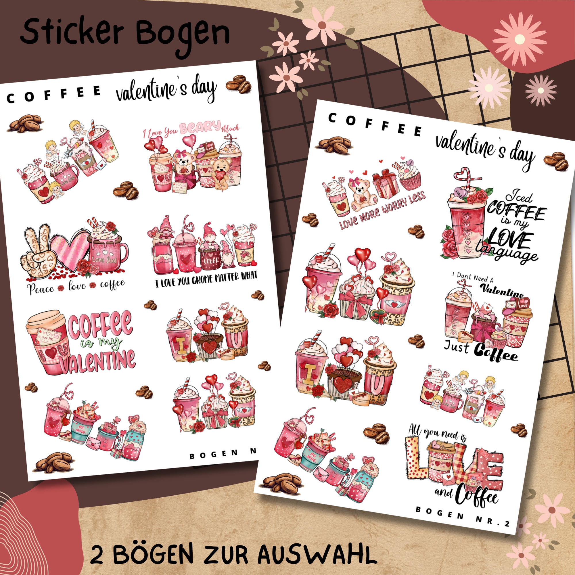 Sticker Bogen, Aufkleber, Valentinstag, Liebe, Kaffee 2 Stickerbogen zur Auswahl in Weiß - Transparent - Matt - Glanz  #SBA6