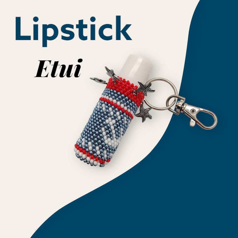 Anhänger für Lippenpflegestift - Lippenbalsam Täschchen " Maritim " aus Rocailles - Miniperlen (2,6 mm) gehäkelt / Perlenhäkeln