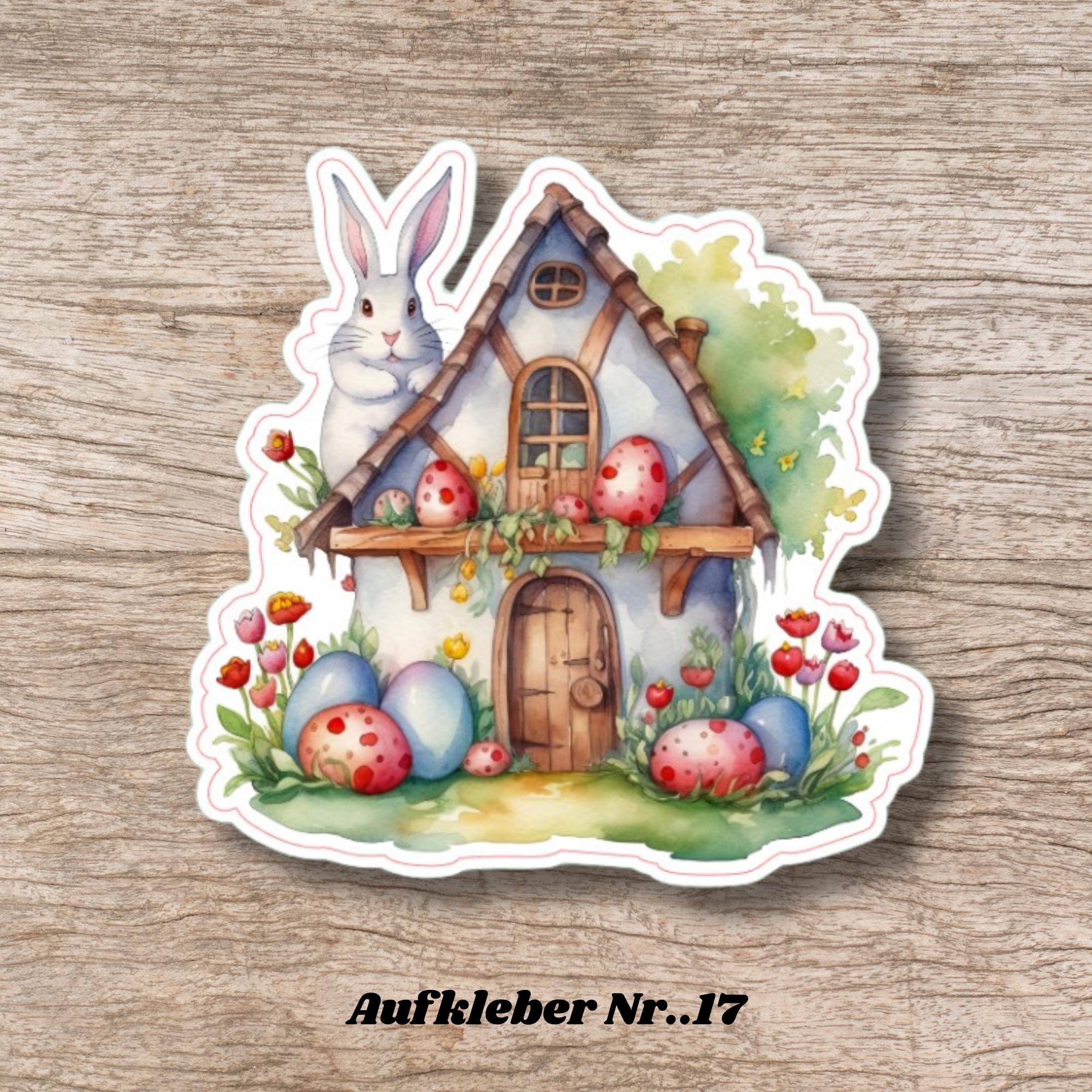 Aufkleber Ostern großer 8 cm Sticker Osterhaus Deko Osterfest Geschenkaufkleber Häuschen - zur Auswahl in Weiß oder Transparent  #SEG8