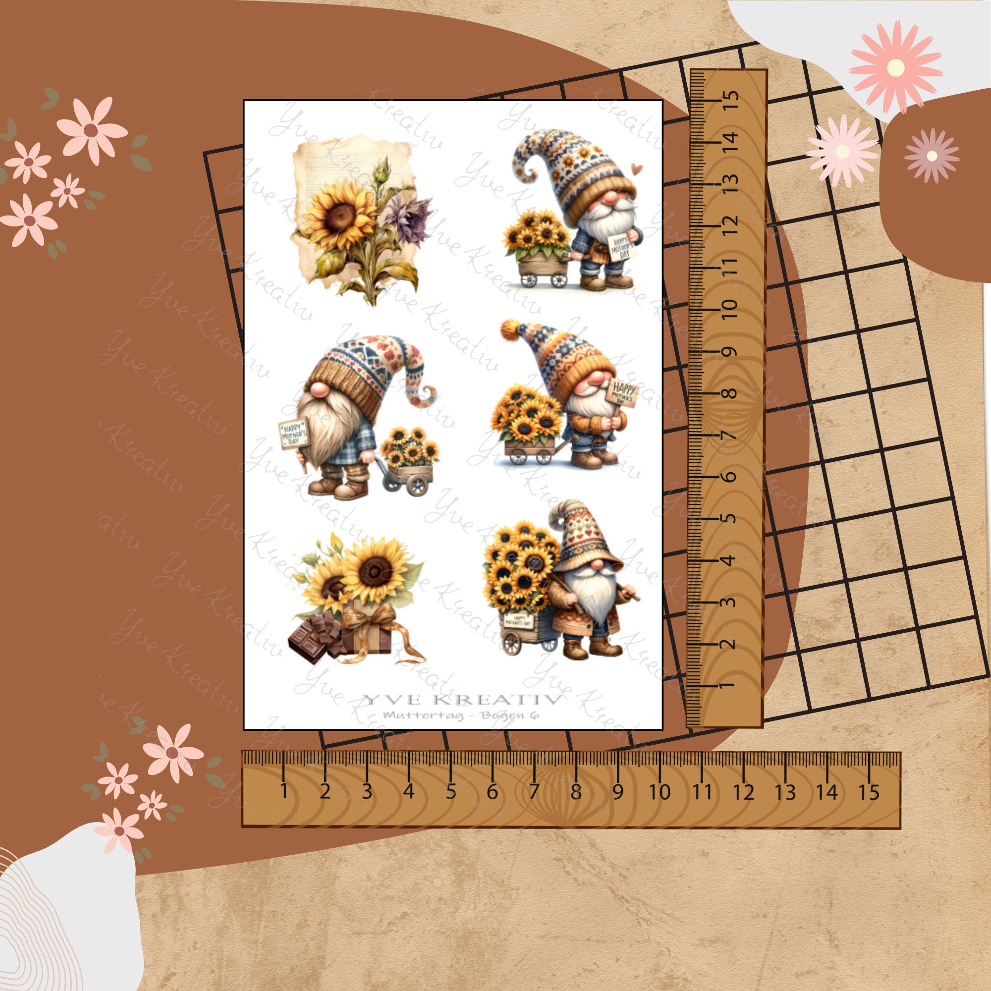 Sticker Aufkleber "Muttertag Sonnenblumen Wichtel" | Sticker Set - 3 Stickerbogen zur Auswahl in Weiß - Transparent - Matt - Glanz #SBA6