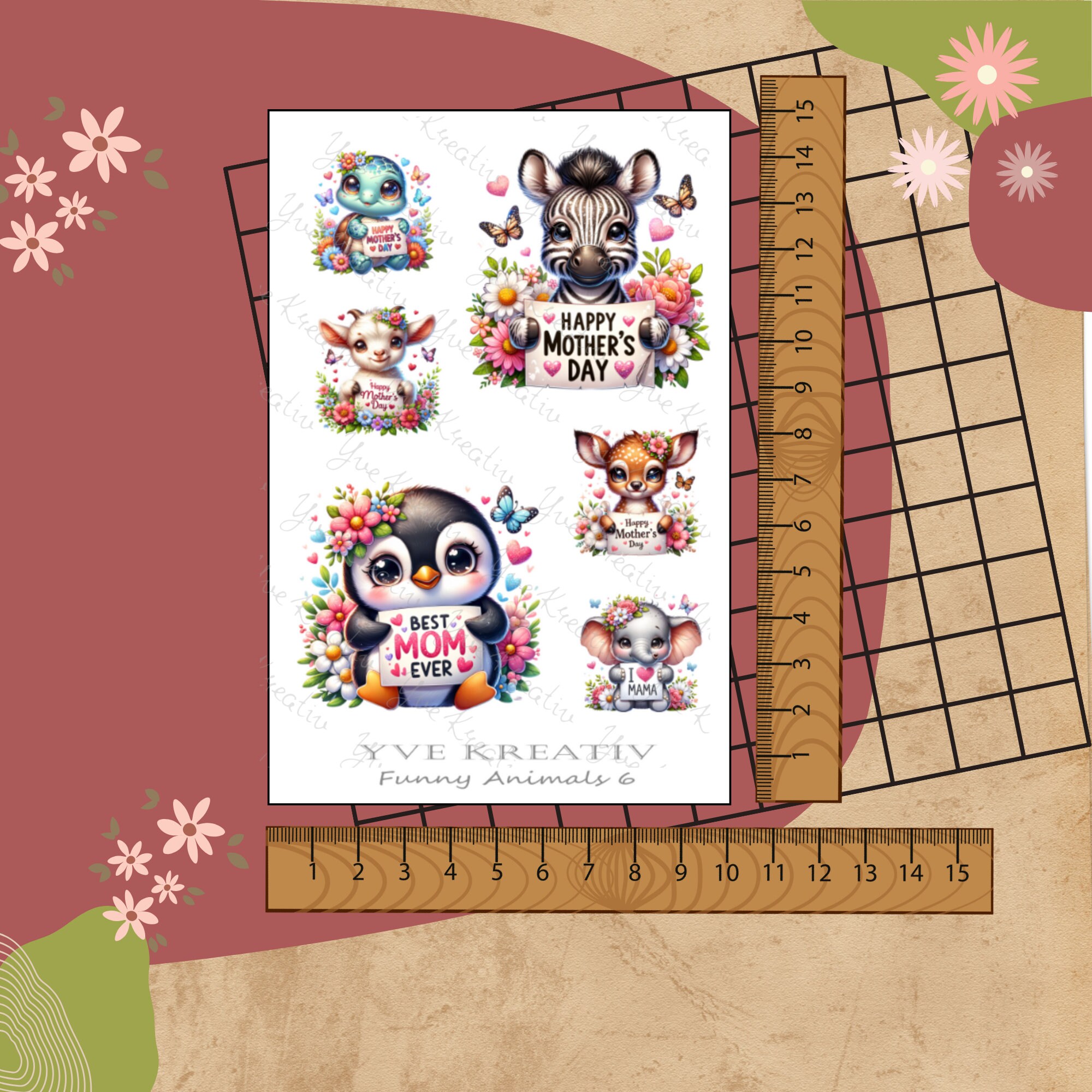 Sticker Aufkleber "Niedliche Tiere zum Muttertag" | Sticker Set - 3 Stickerbogen zur Auswahl in Weiß - Transparent - Matt - Glanz #SBA6