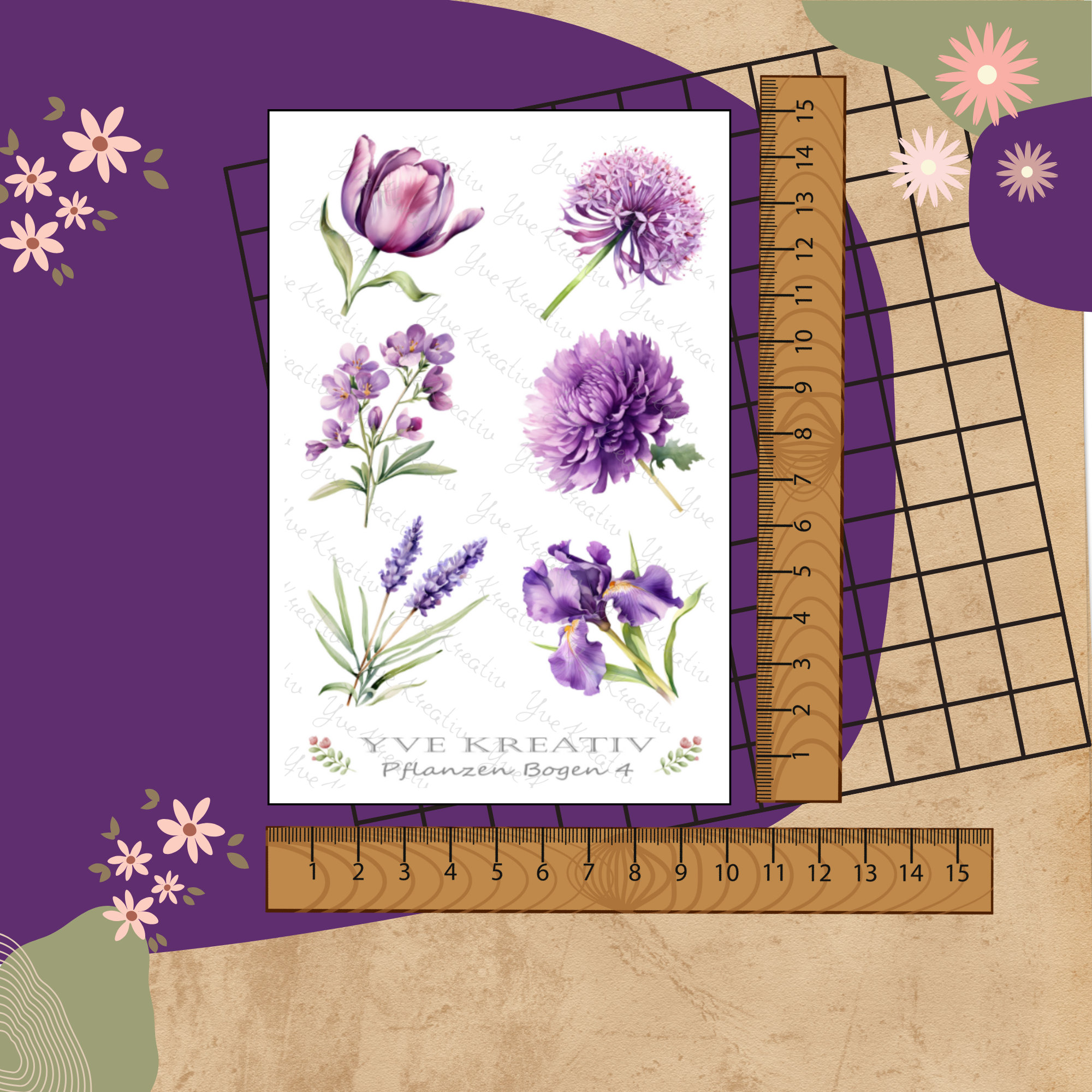 Sticker Bogen " Pflanzen Pflanzenkunde Blumen Lila " | Set - Aufkleber 2 Stickerbogen zur Auswahl in Weiß - Transparent - Matt - Glanz