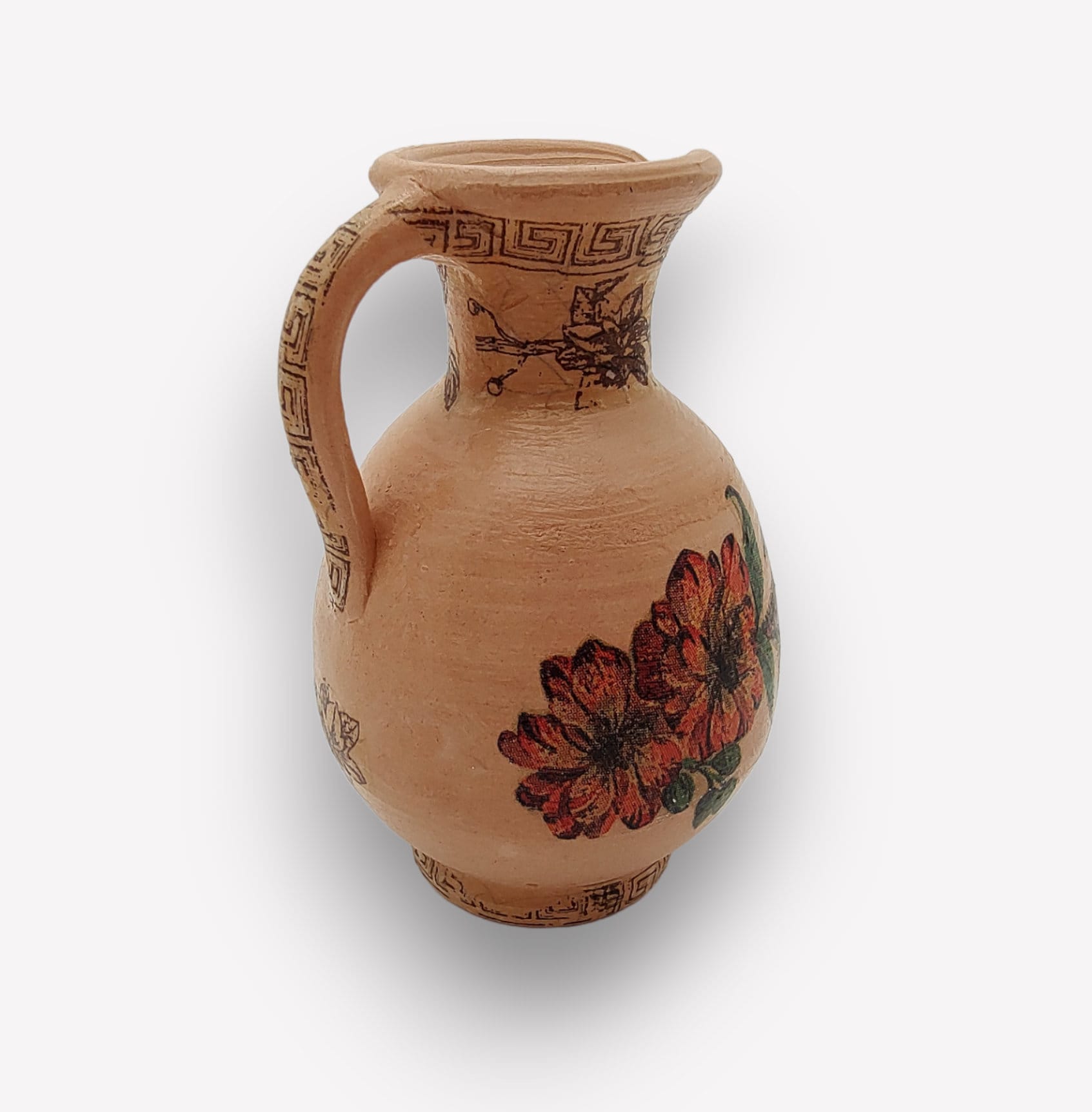 Kleine Ton -Vase verziert mit Serviettentechnik