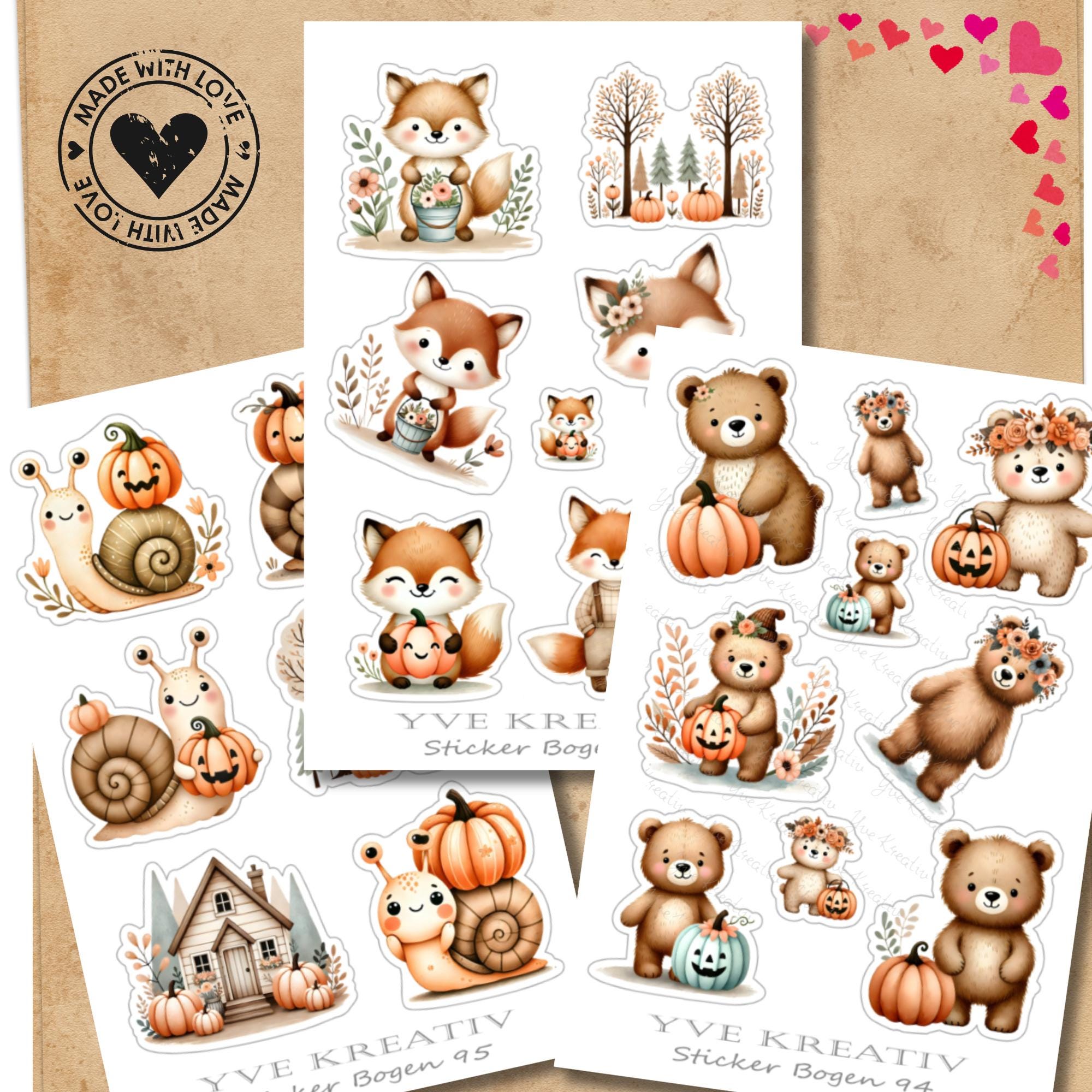 Aufkleber Waldtiere Stickerbogen Herbst Halloween Sticker Set - 3 Bögen zur Auswahl in Weiß - Transparent - Matt - Glanz  #SBA6