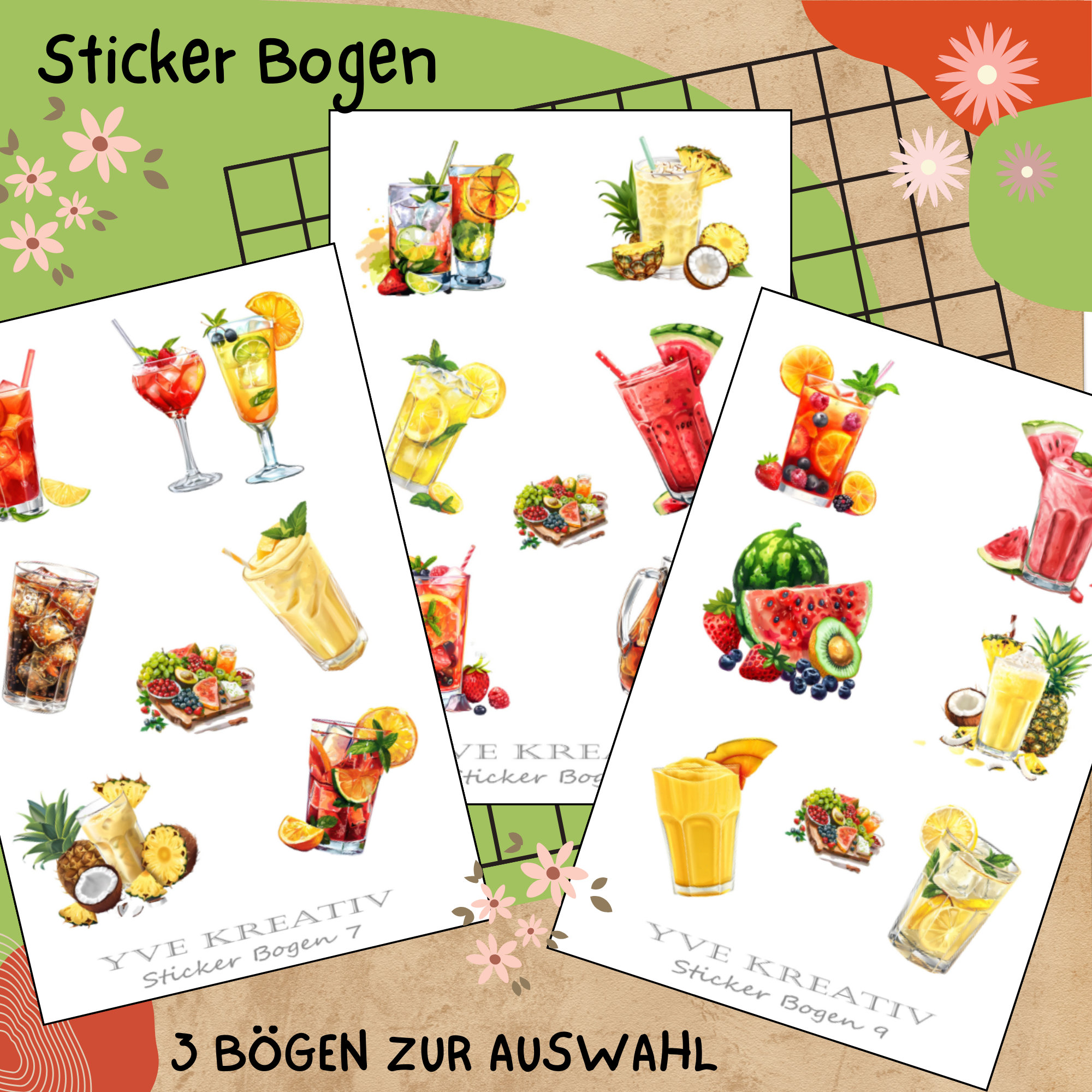 Sticker Bogen " Sommer Cocktail Party " | Sticker Set - Aufkleber 3 Stickerbogen zur Auswahl in Weiß - Transparent - Matt - Glanz  #SBA6