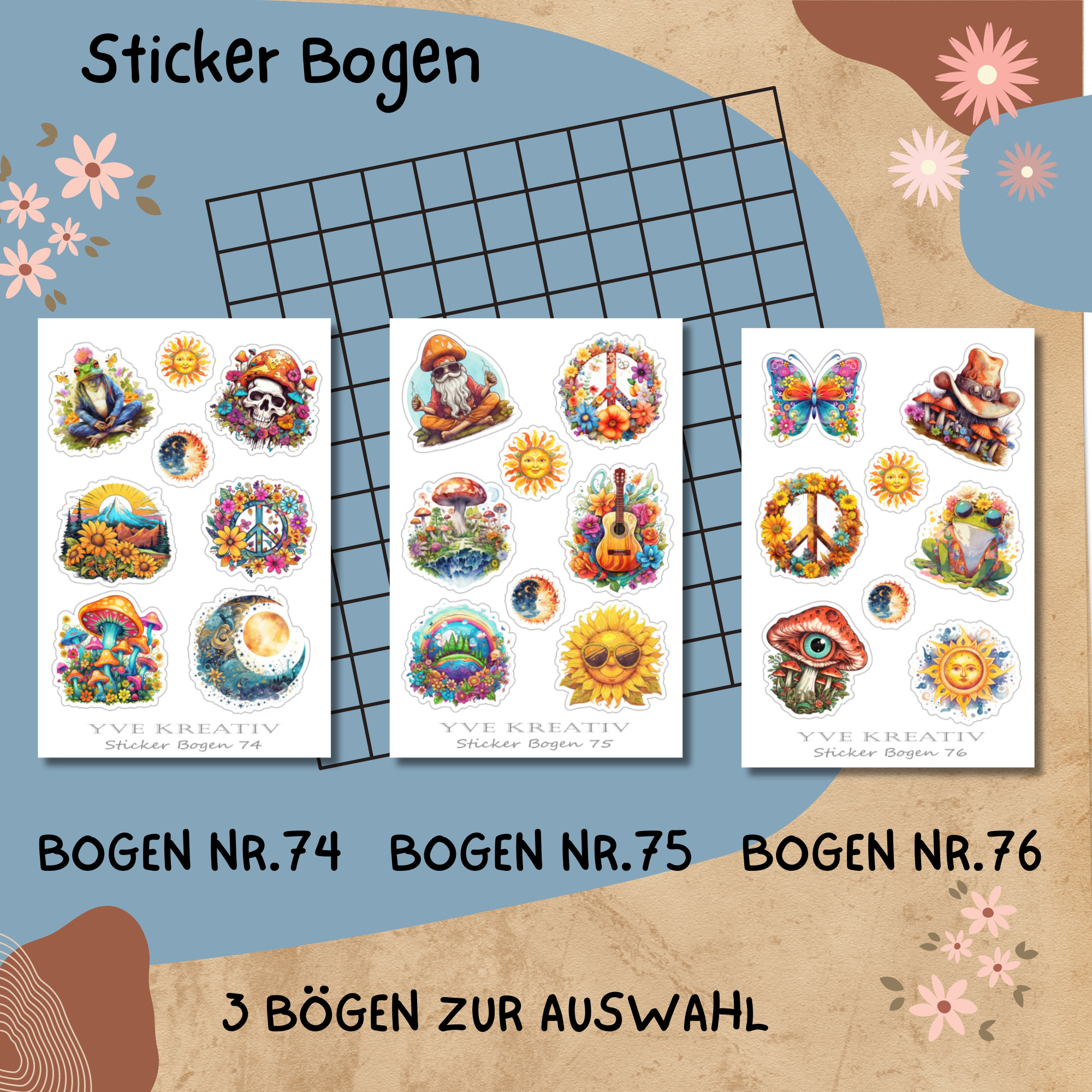 Sticker Bogen, Aufkleber - Peace, Love, Hippie | Sticker Set - 3 Stickerbogen zur Auswahl in Weiß - Transparent - Matt - Glanz  #SBA6