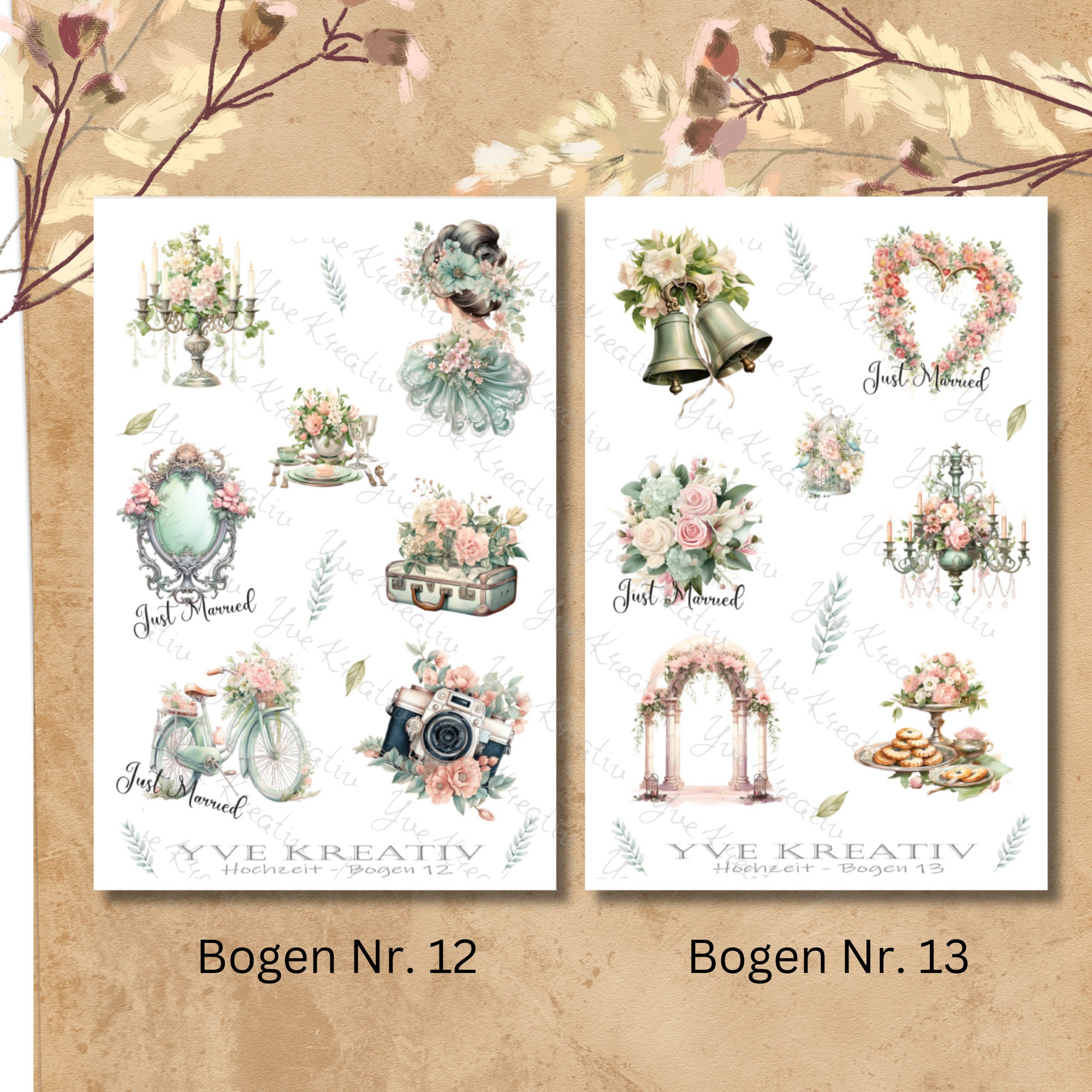 Aufkleber, Sticker Bogen "Hochzeit" | Sticker Set - 2 Stickerbogen zur Auswahl in Weiß - Transparent - Matt - Glanz  #SBA6