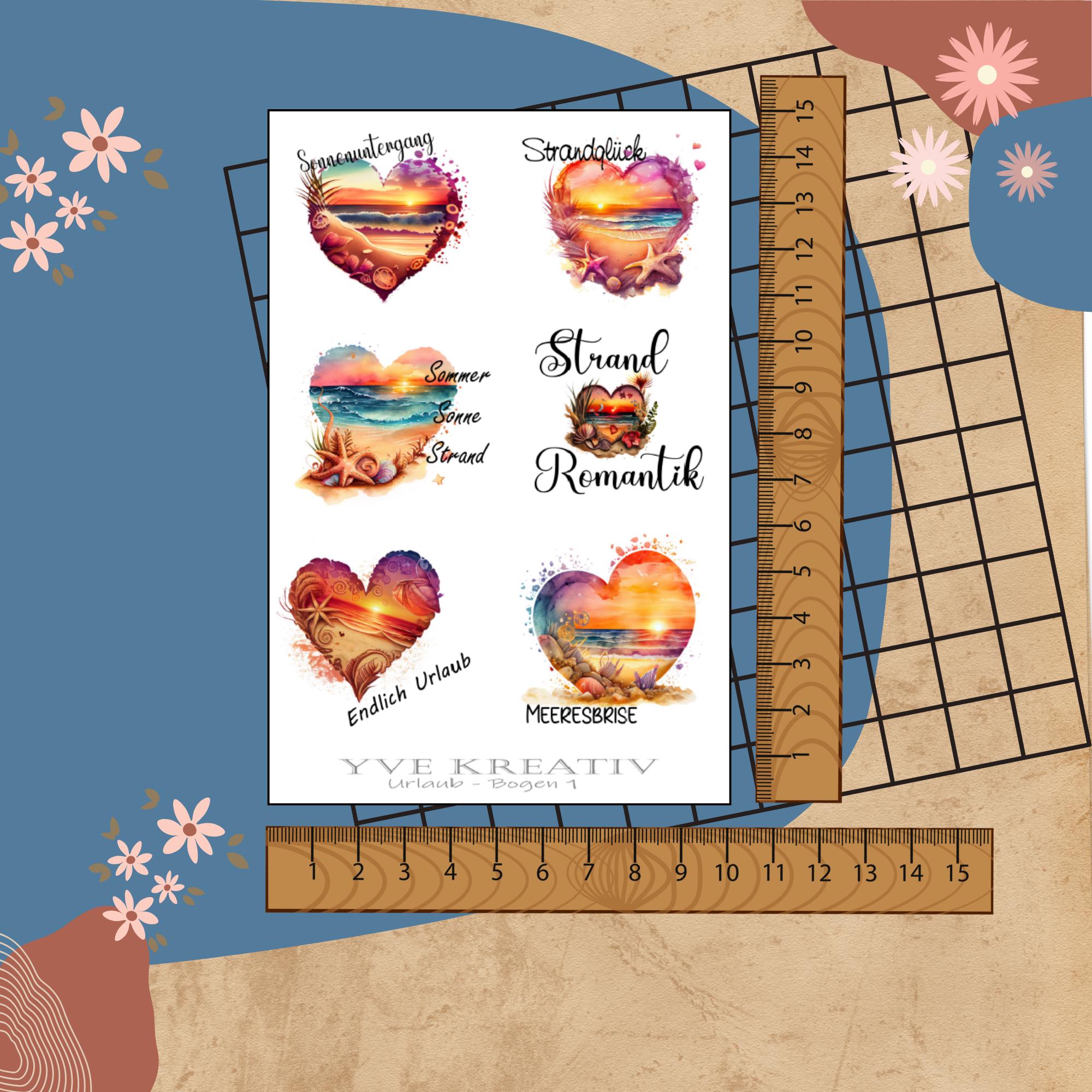 Sticker Bogen Aufkleber "Urlaub Strand Sonnenuntergang" | Stickerbogen -  Weiß - Transparent - Matt - Glanz #SBA6