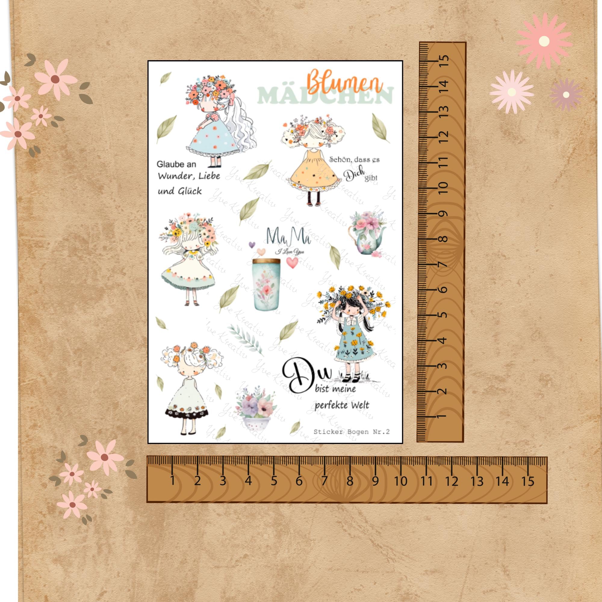 Aufkleber Blumenmädchen Sticker Bogen Blumen Stickerbogen Motivation 3 Bögen zur Auswahl in Weiß - Transparent - Matt - Glanz #SBA6