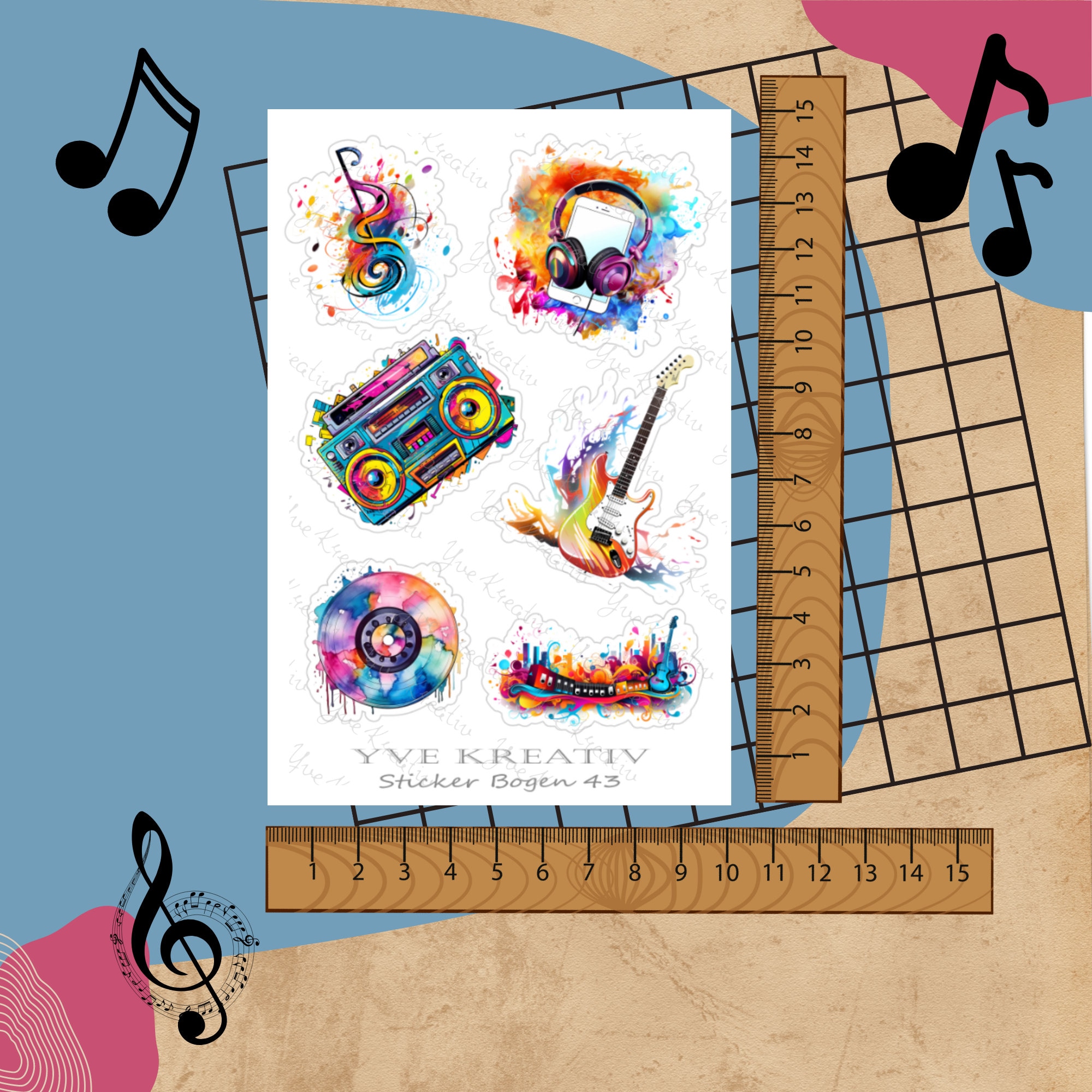 Sticker Bogen, Musik Instrumente, Sticker Set, Aufkleber, 3 Stickerbogen zur Auswahl in Weiß - Transparent - Matt - Glanz#SBA6