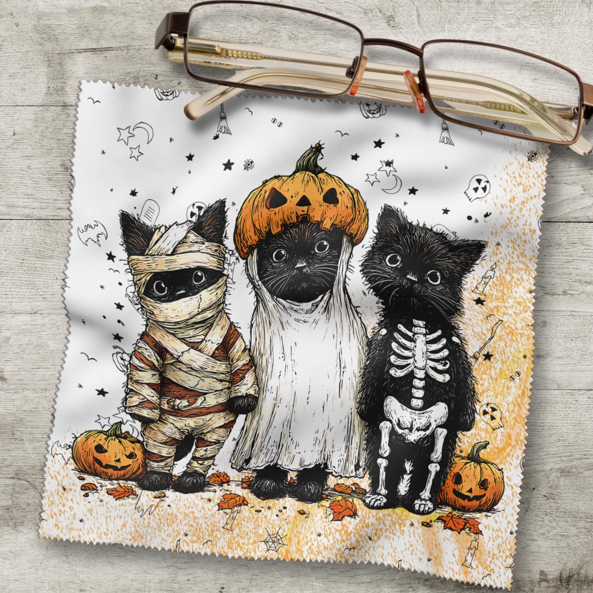 Brillenputztuch Halloween schwarze Katzen bedrucktes Tuch für Sonnenbrille Displays Handy Geschenk Herbst Mitbringsel Katzenbesitzer #SA12