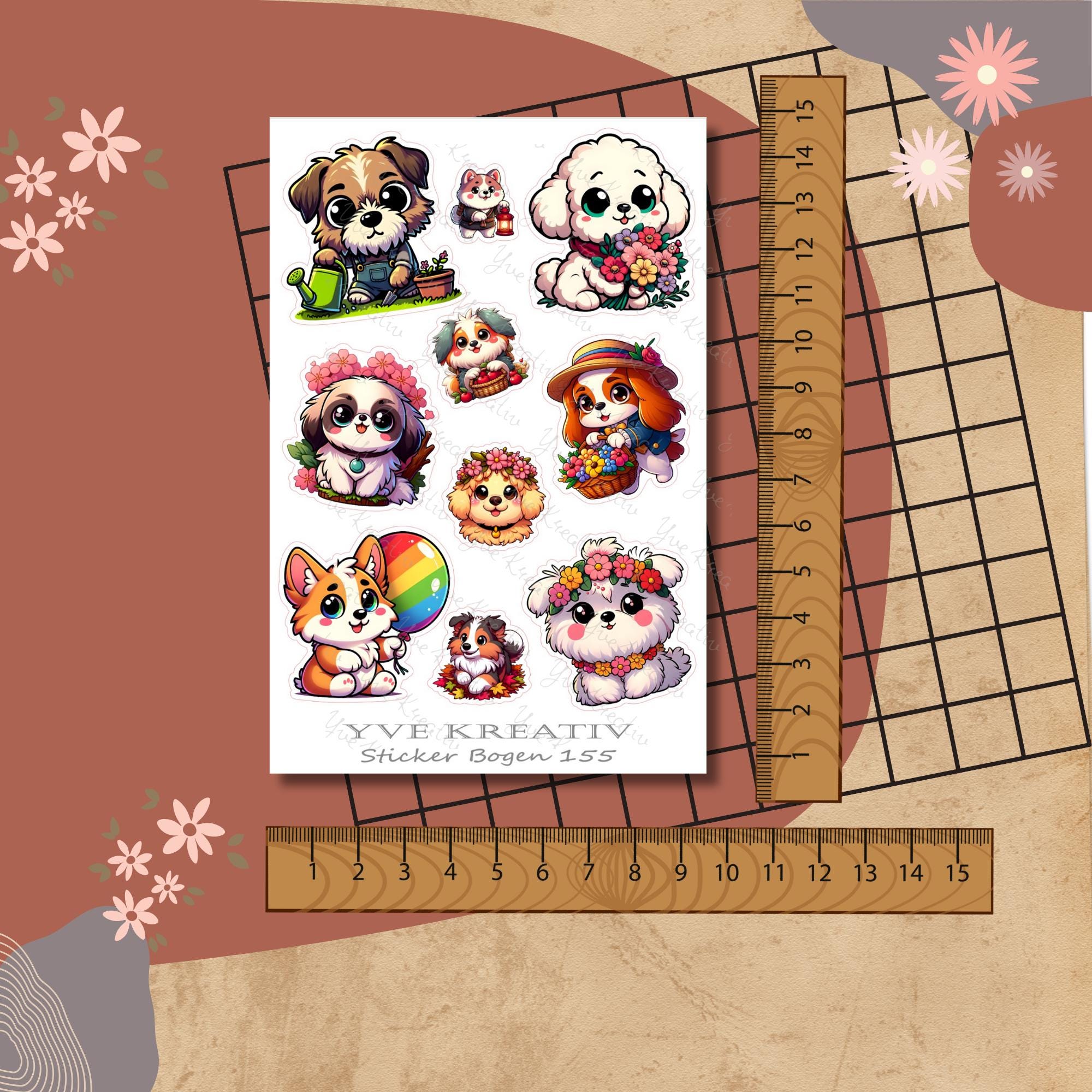 Aufkleber, Sticker Bogen, Hunde, Kawaii Dogs| Sticker Set - 3 Stickerbogen zur Auswahl in Weiß - Transparent - Matt - Glanz #SBA6
