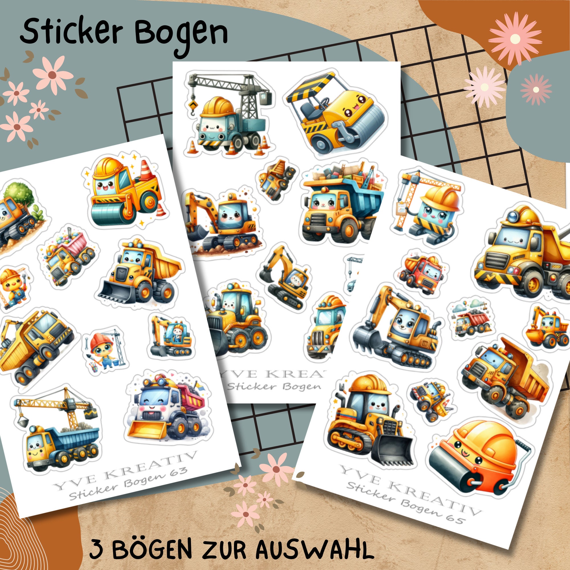 Stickerbogen, Aufkleber, Bagger, Baggerführer, Baustelle, Sticker Set 3 Stickerbogen zur Auswahl in Weiß - Transparent - Matt - Glanz  #SBA6