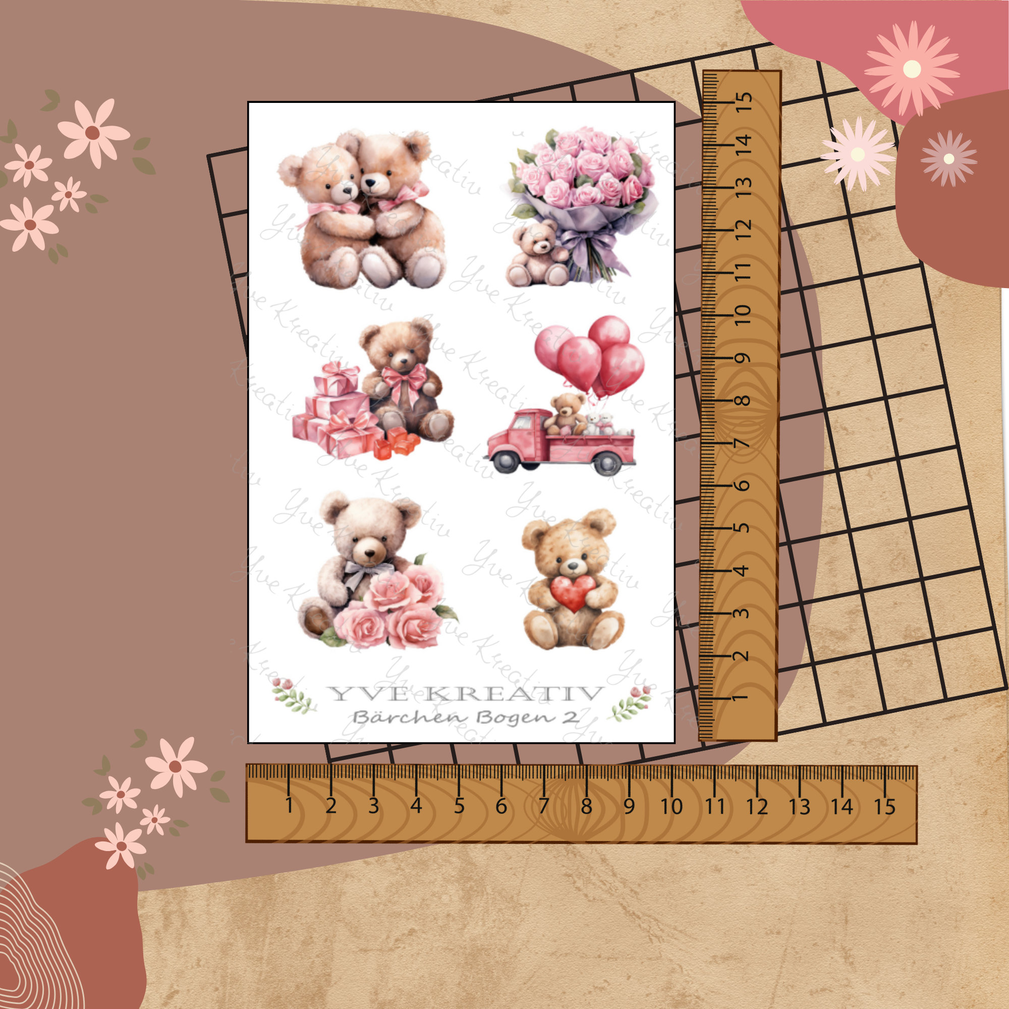 Sticker Bogen "Bärchen Teddybär Love Herzen" | Sticker Set - Aufkleber 2 Stickerbogen zur Auswahl in Weiß - Transparent - Matt - Glanz