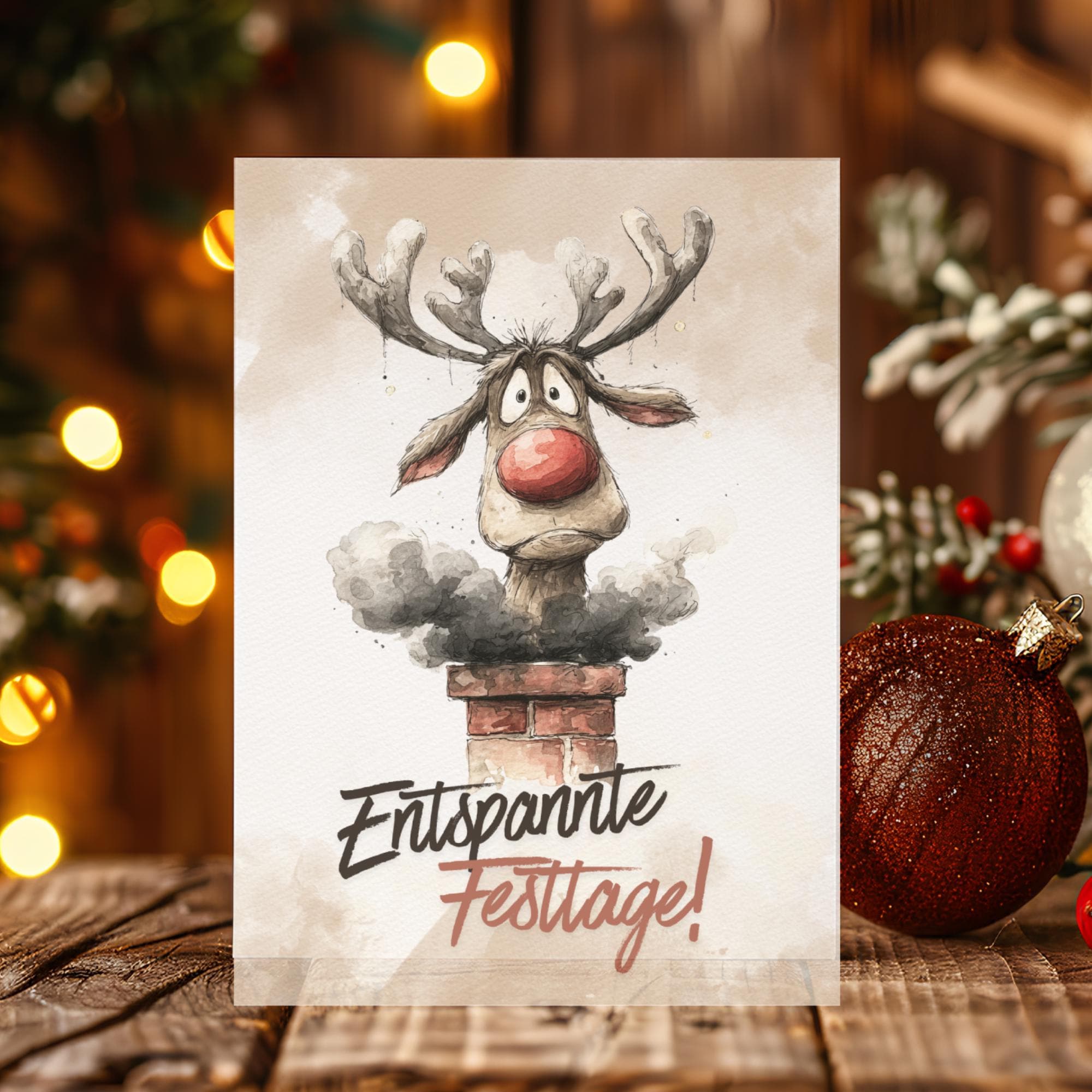 Postkarte Lustigers Rentier Grußkarte Karte zu Weihnachten Weihnachtskarte Geschenkkarte Leinenstruktur Karte A6 #PWE199