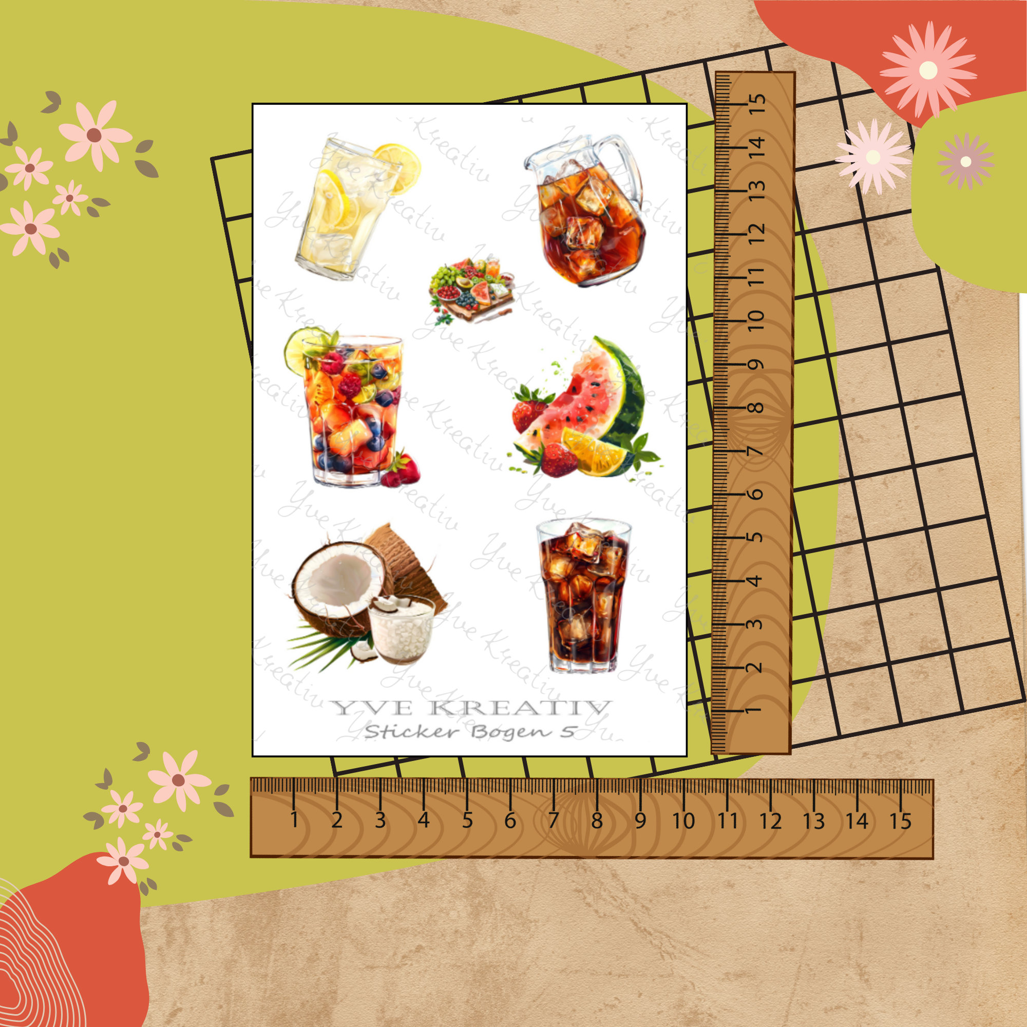 Sticker Bogen " Sommer Cocktail Party " | Sticker Set - Aufkleber 3 Stickerbogen zur Auswahl in Weiß - Transparent - Matt - Glanz  #SBA6